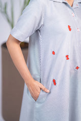 Striped short sleeve dress with red embroidered details and pocket, casual women's style