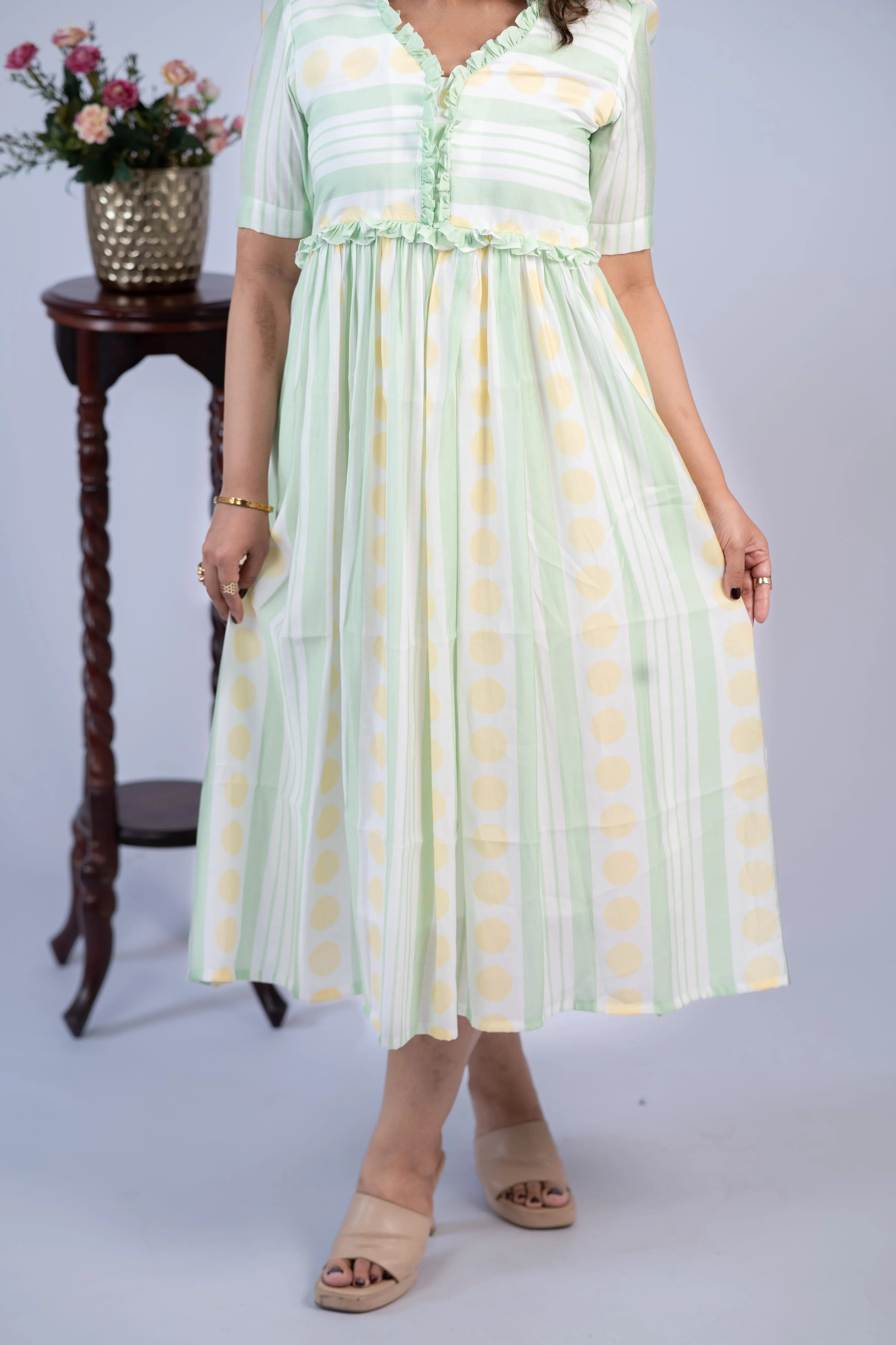 Mint Stripe & Polka Chanderi Silk Dress