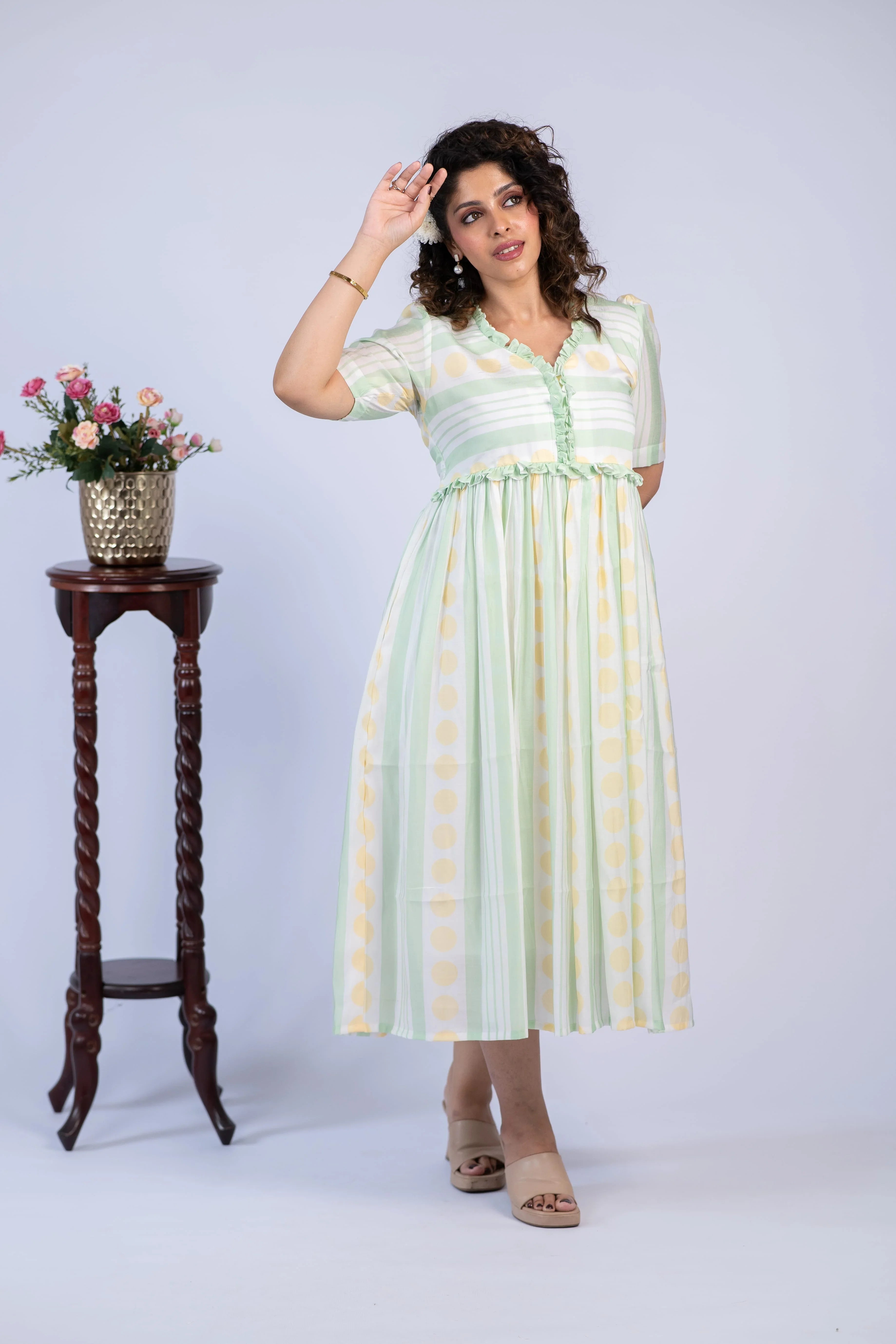 Mint Stripe & Polka Chanderi Silk Dress