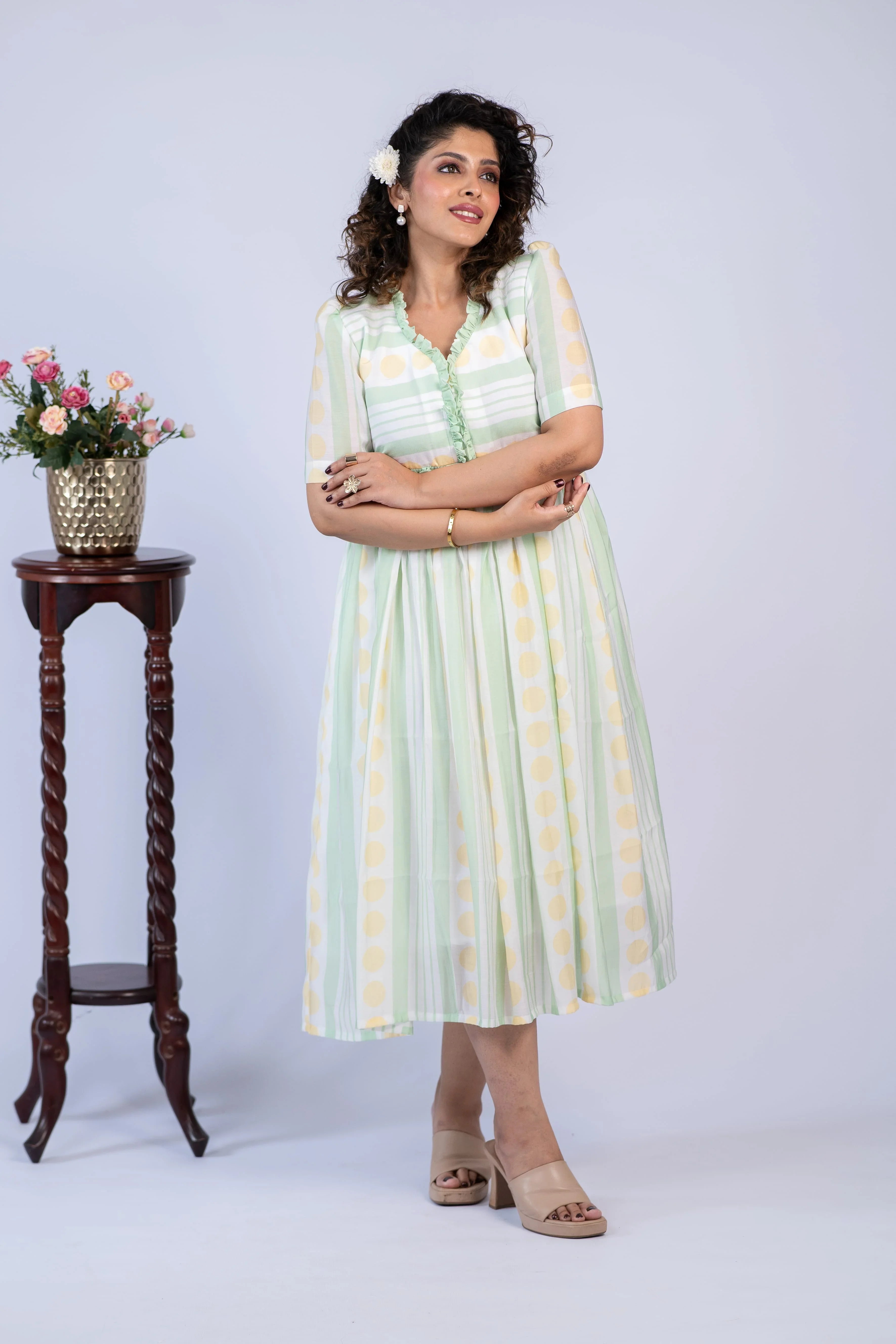 Mint Stripe & Polka Chanderi Silk Dress