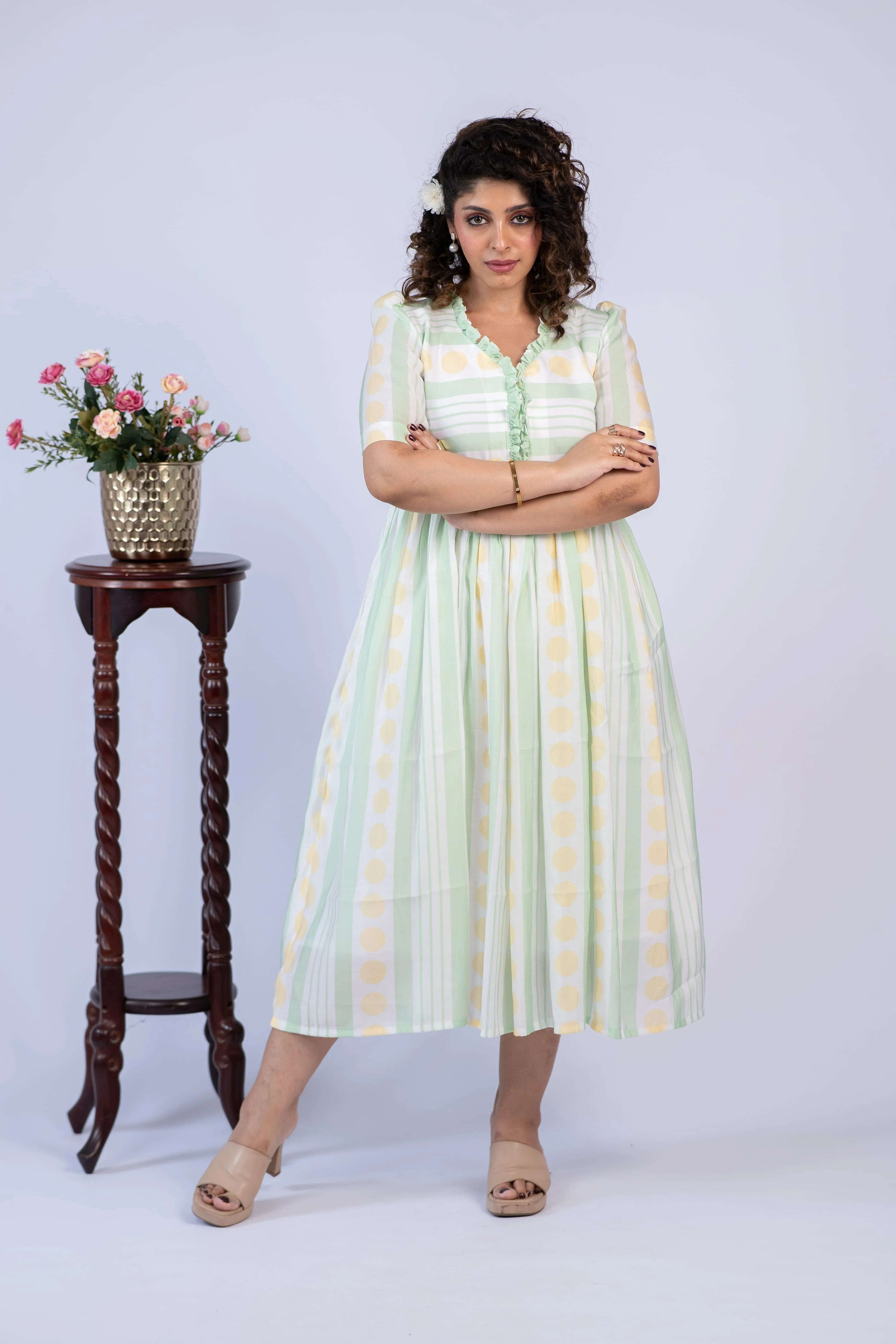 Mint Stripe & Polka Chanderi Silk Dress