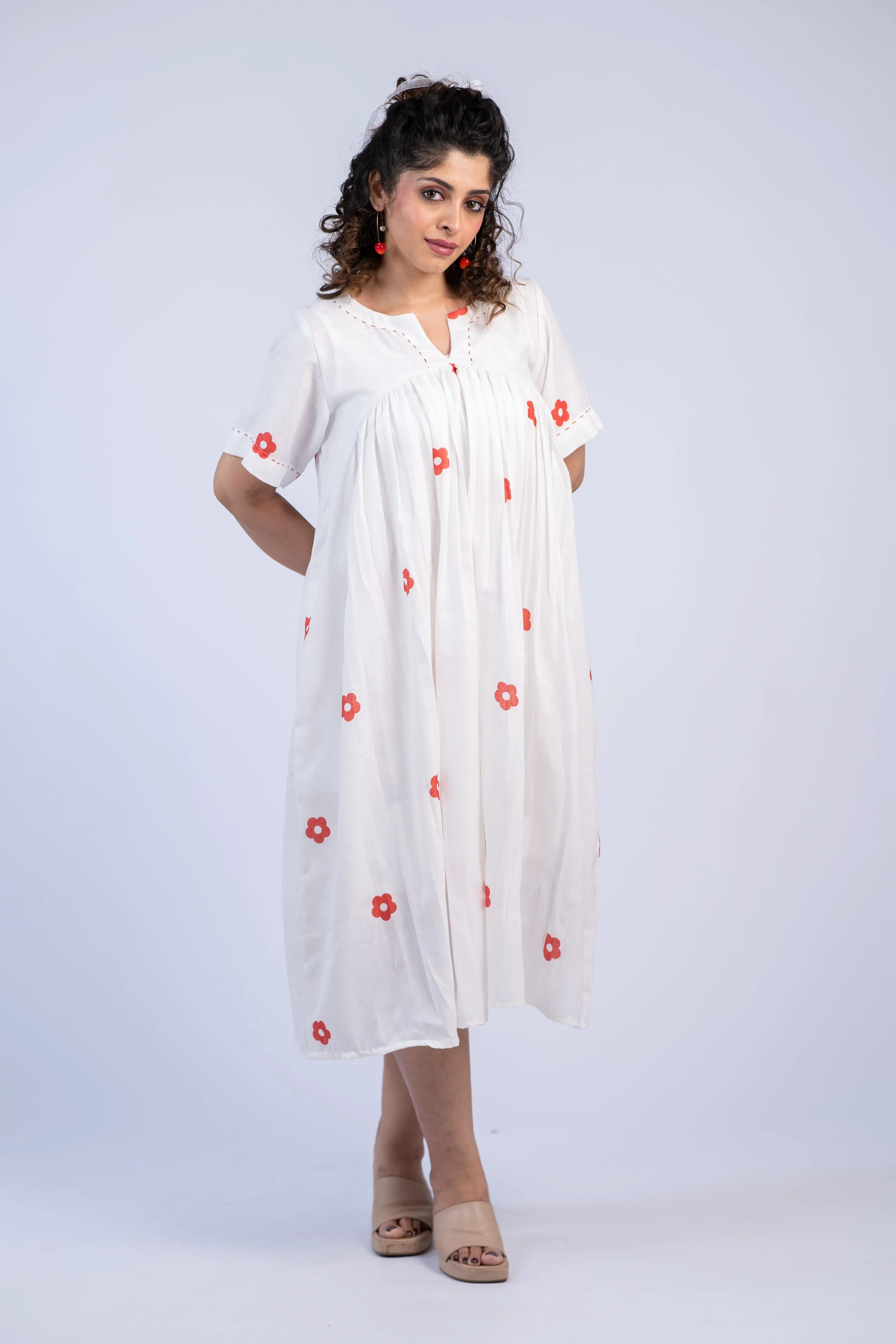 White & Red Daisy Print Linen Dress