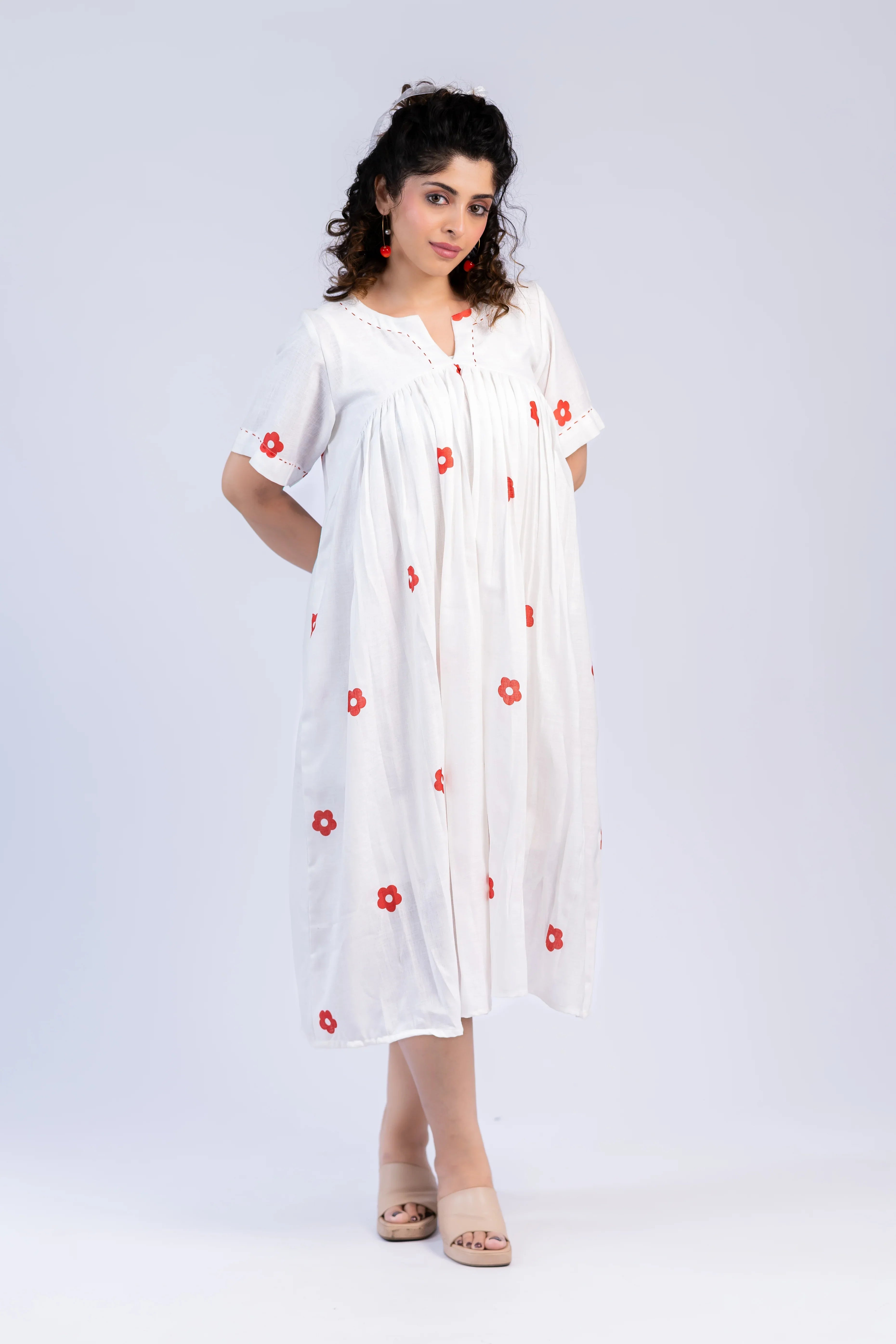 White & Red Daisy Print Linen Dress