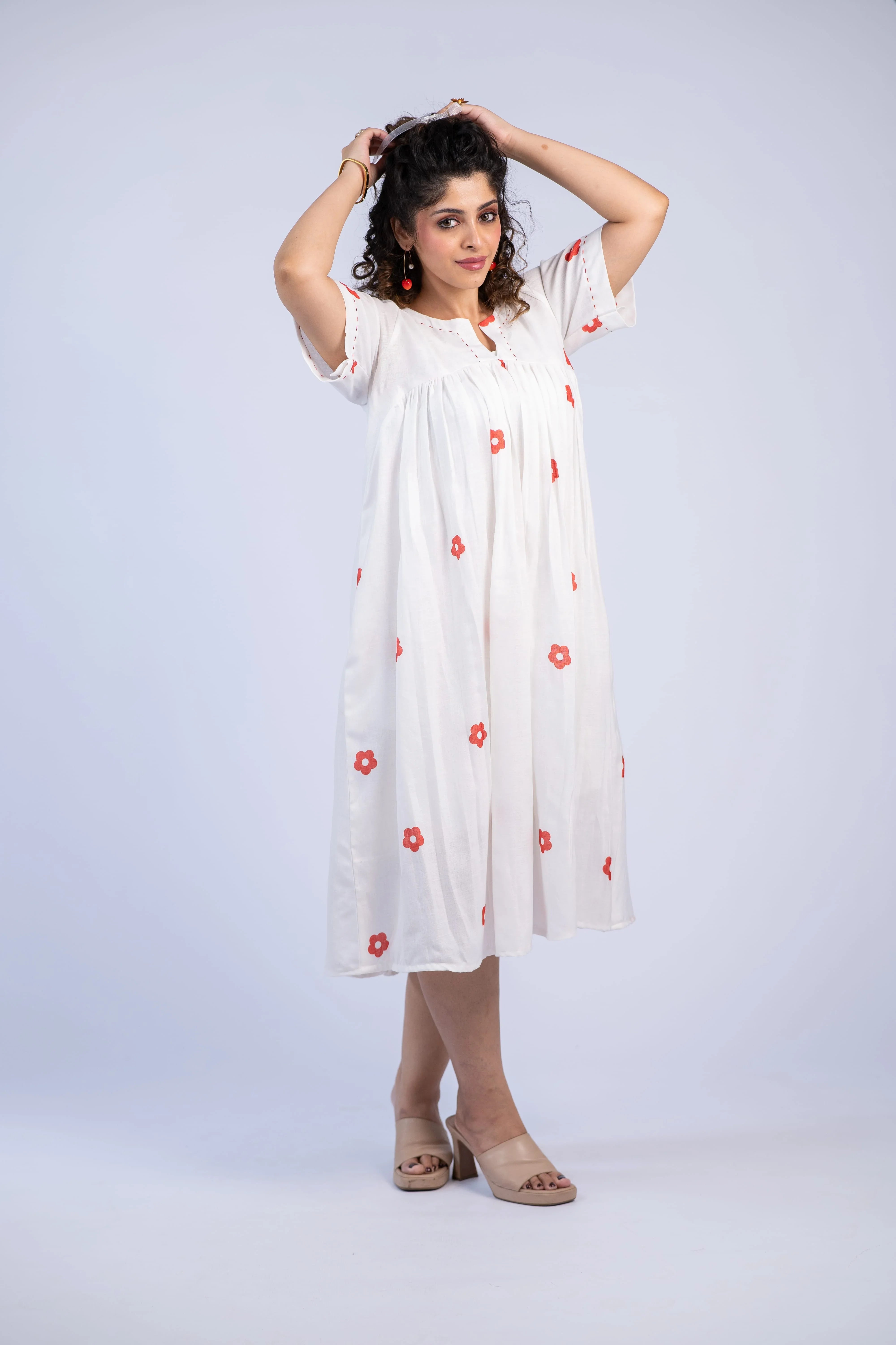 White & Red Daisy Print Linen Dress