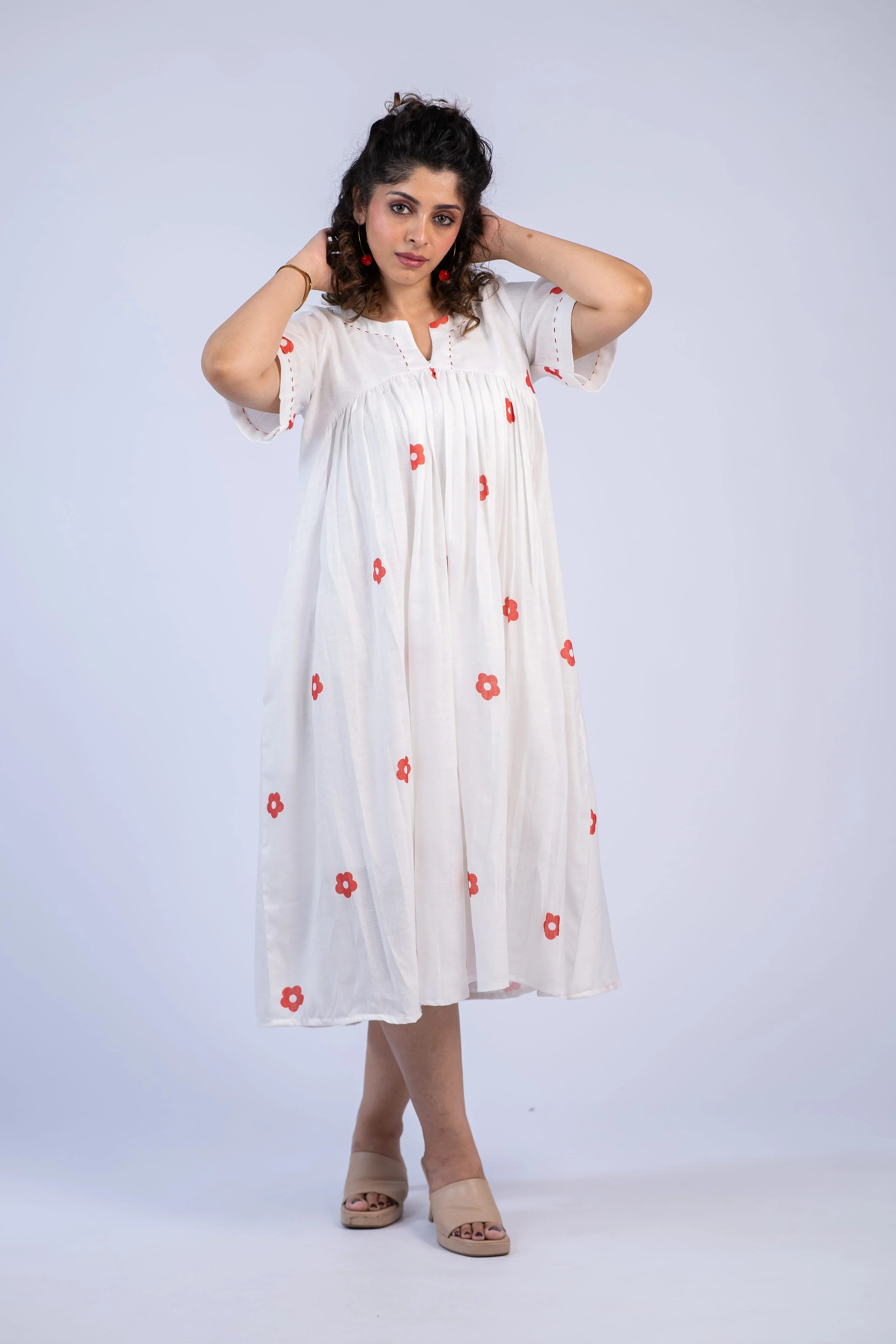 White & Red Daisy Print Linen Dress