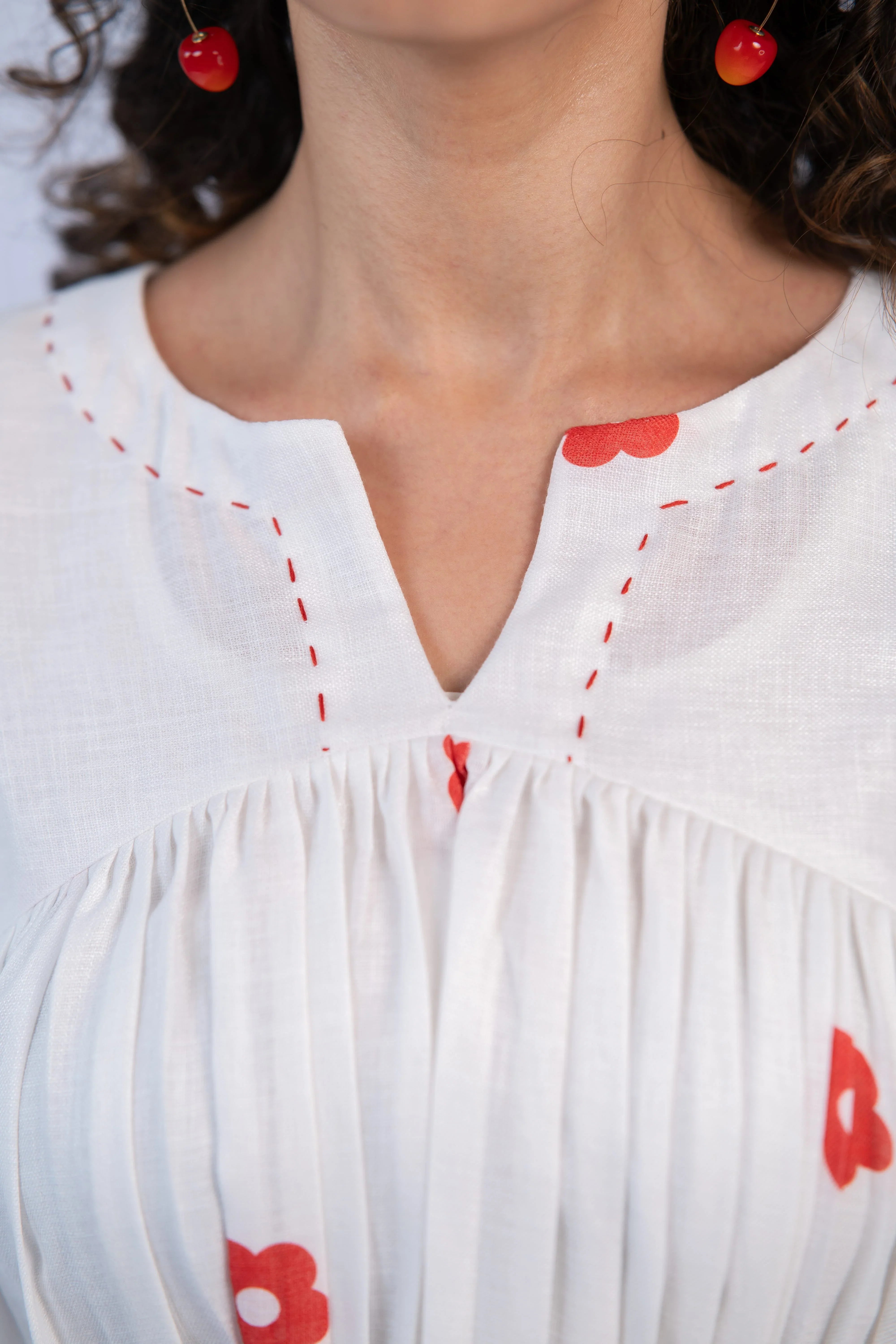 White & Red Daisy Print Linen Dress