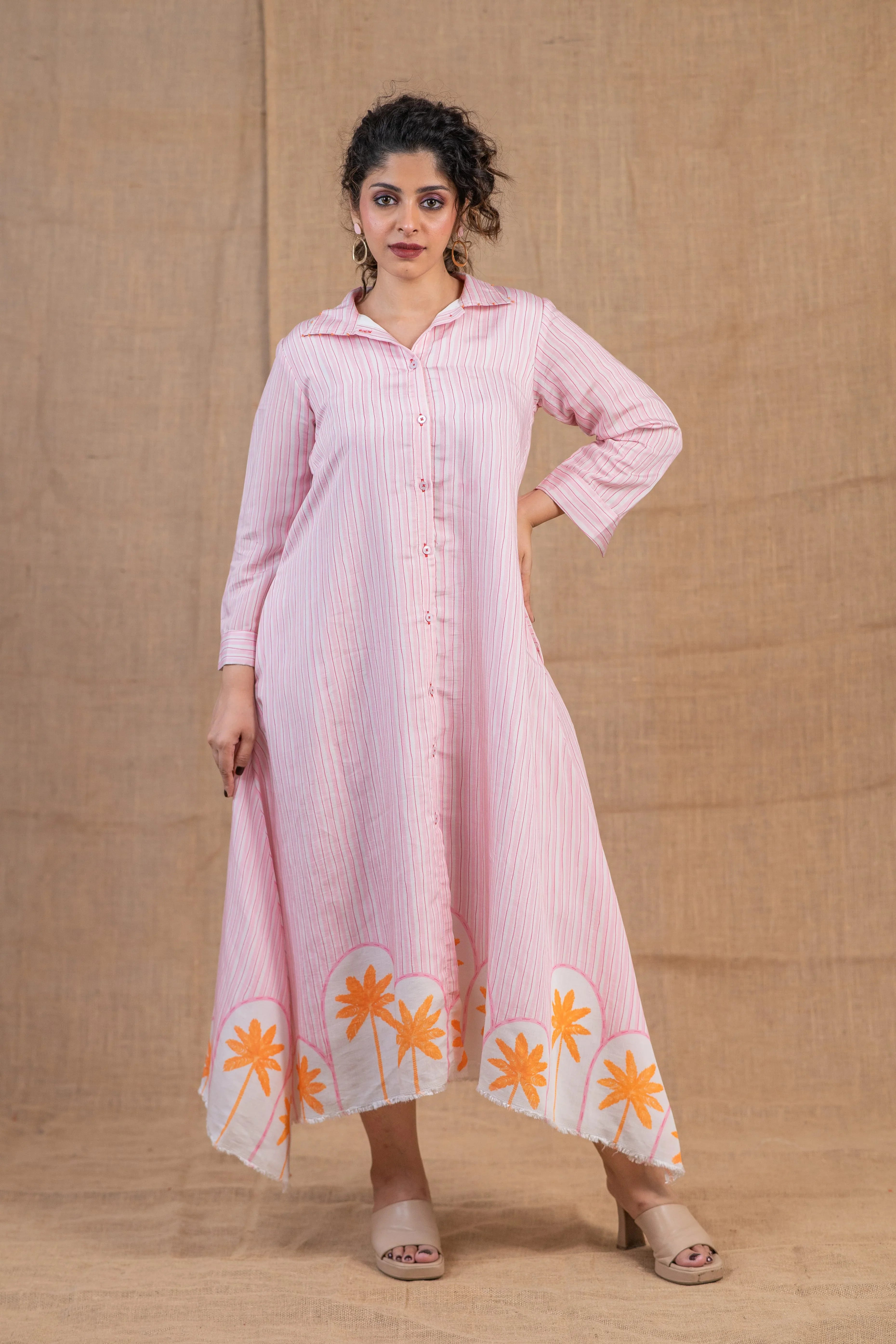 Pink Striped Chanderi Silk Shirt Dress