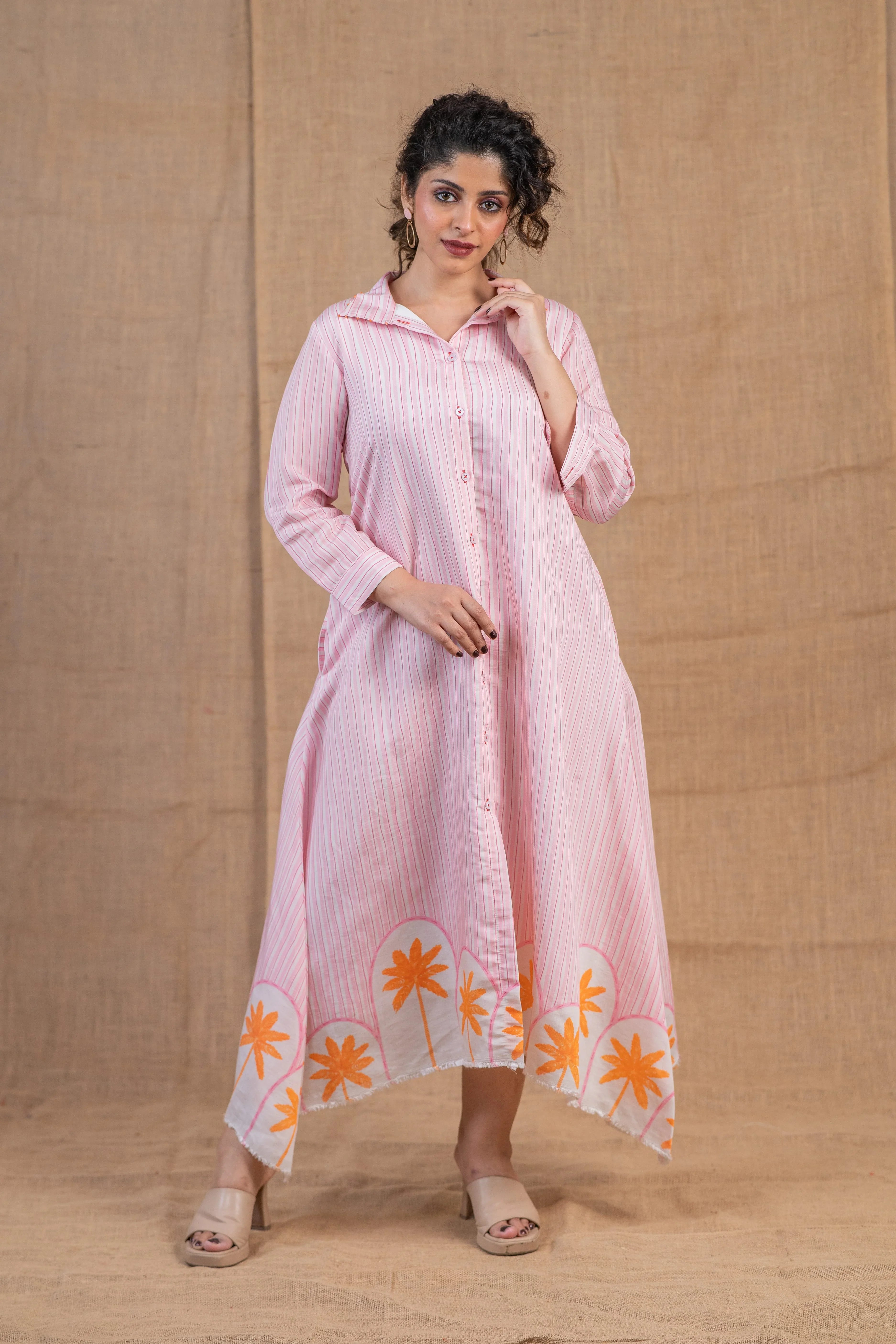 Pink Striped Chanderi Silk Shirt Dress