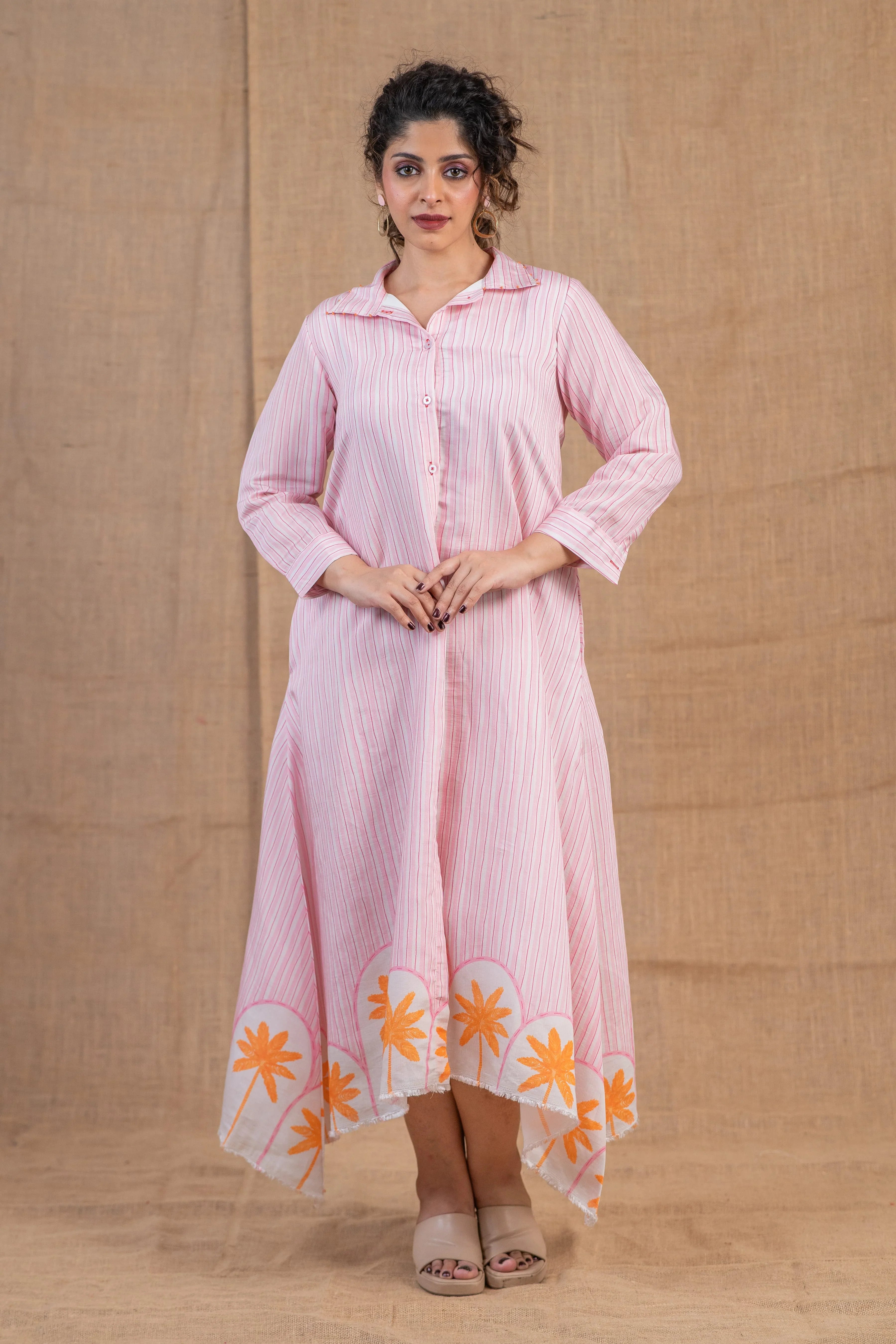 Pink Striped Chanderi Silk Shirt Dress