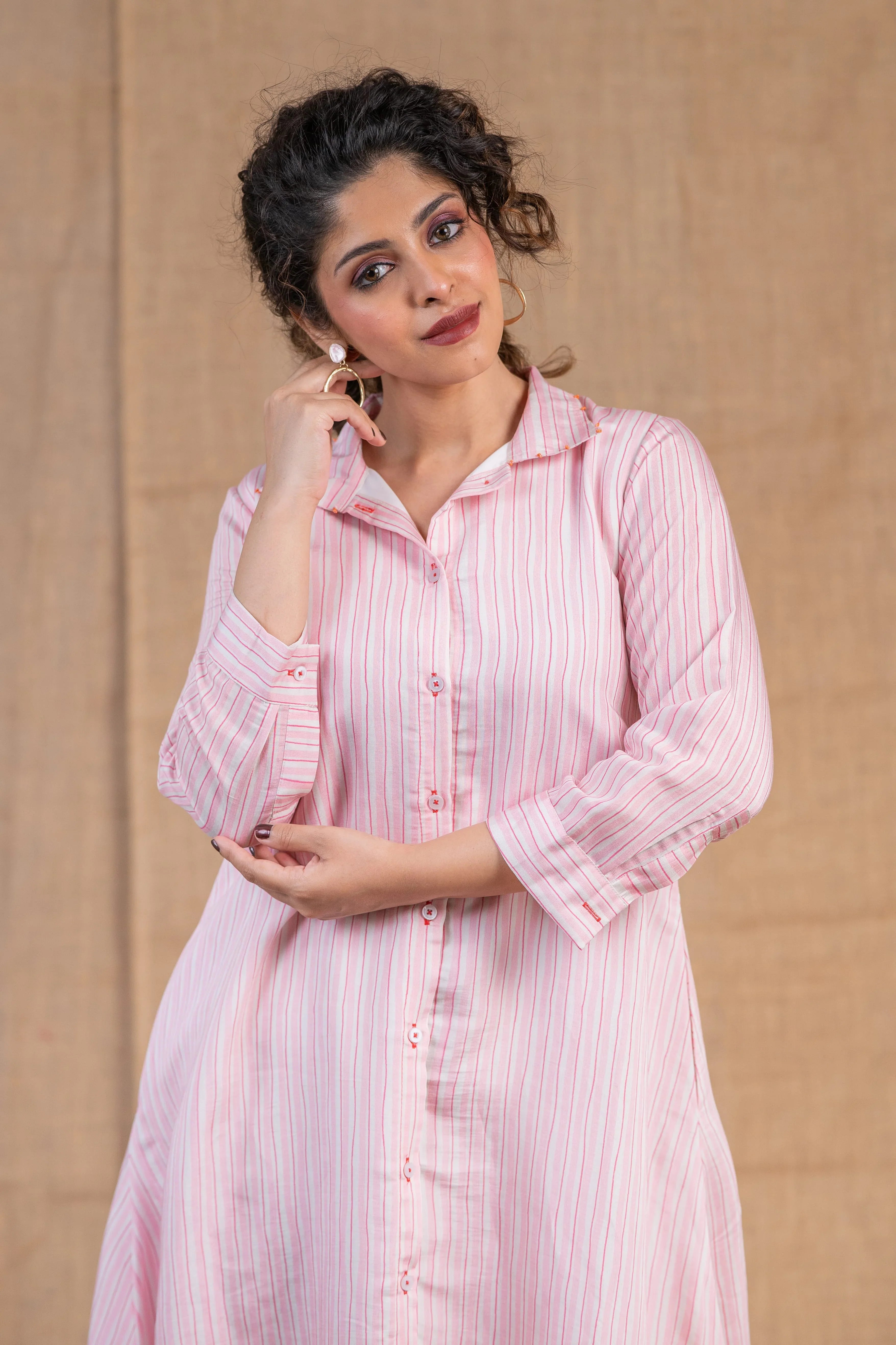 Pink Striped Chanderi Silk Shirt Dress