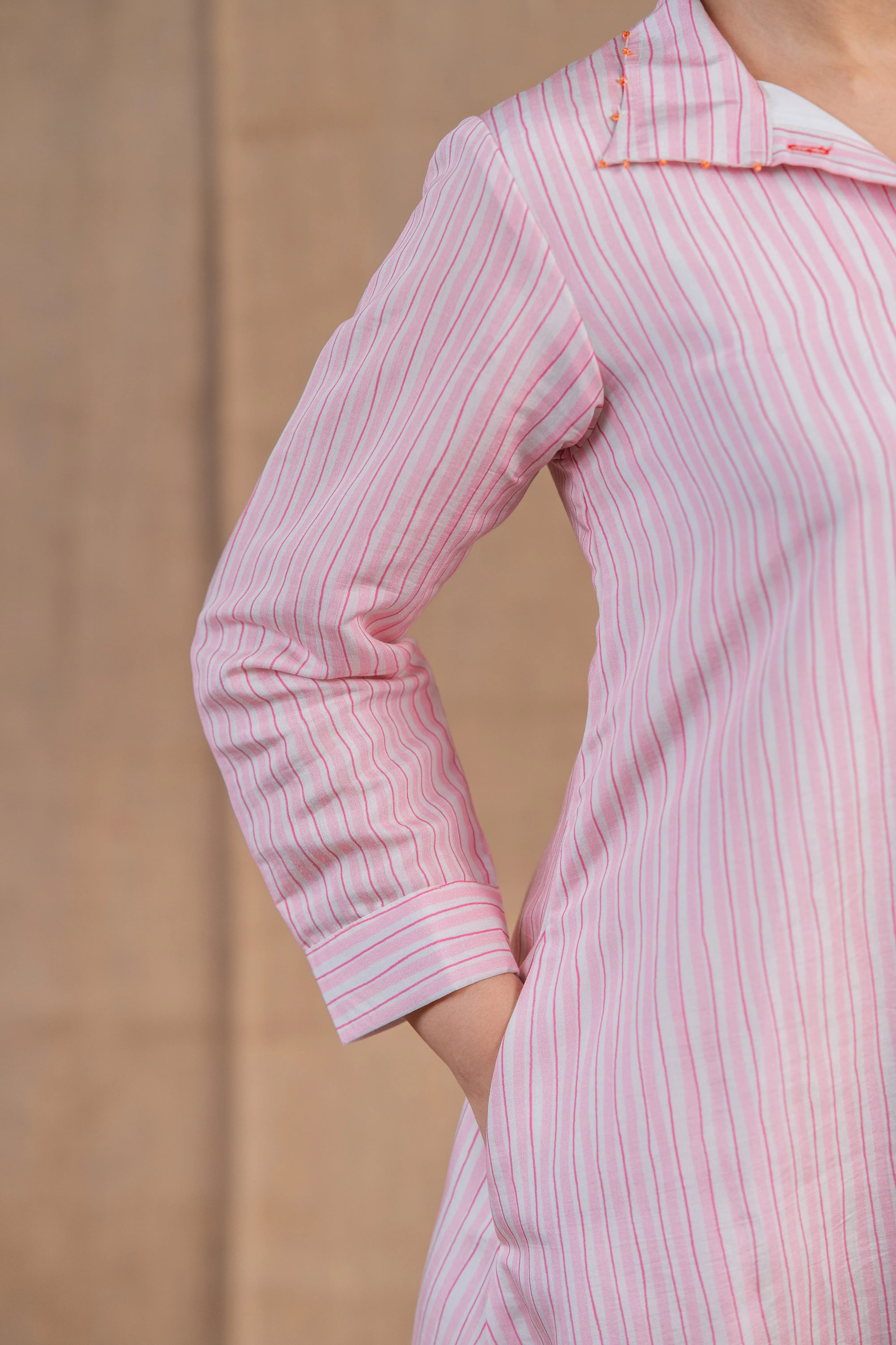 Pink Striped Chanderi Silk Shirt Dress