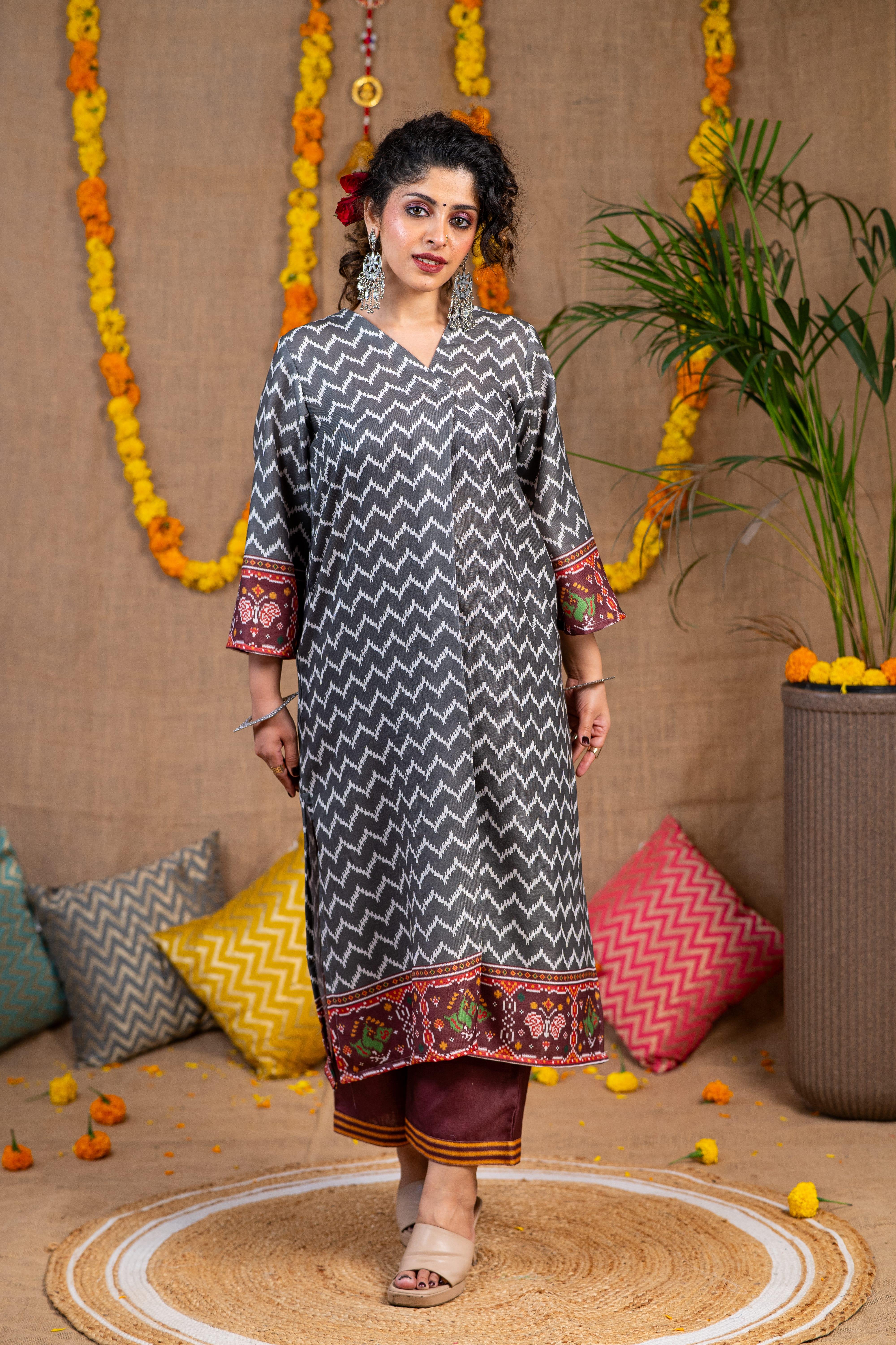 Grey Ikkat Print Linen Kurta Set