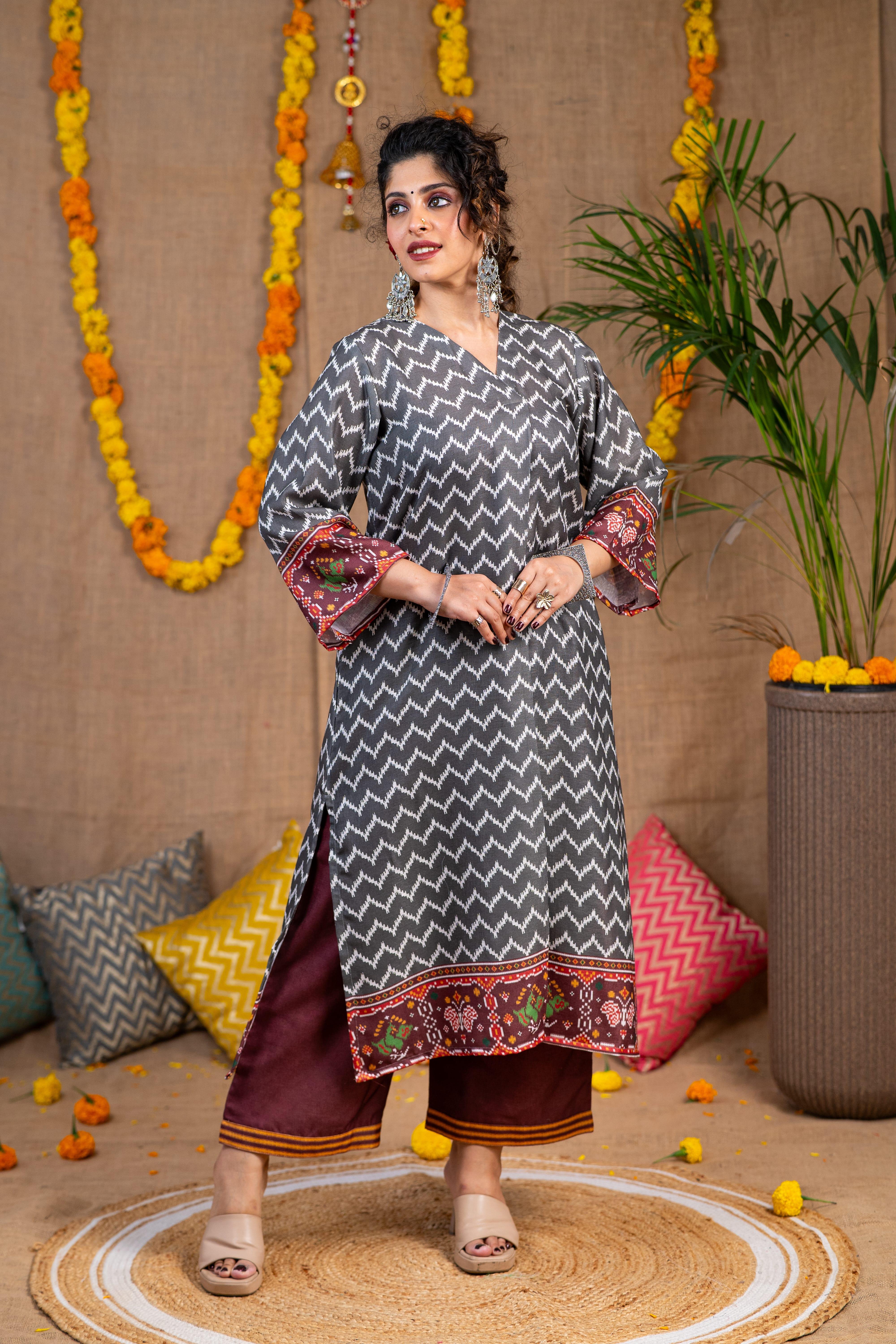 Grey Ikkat Print Linen Kurta Set
