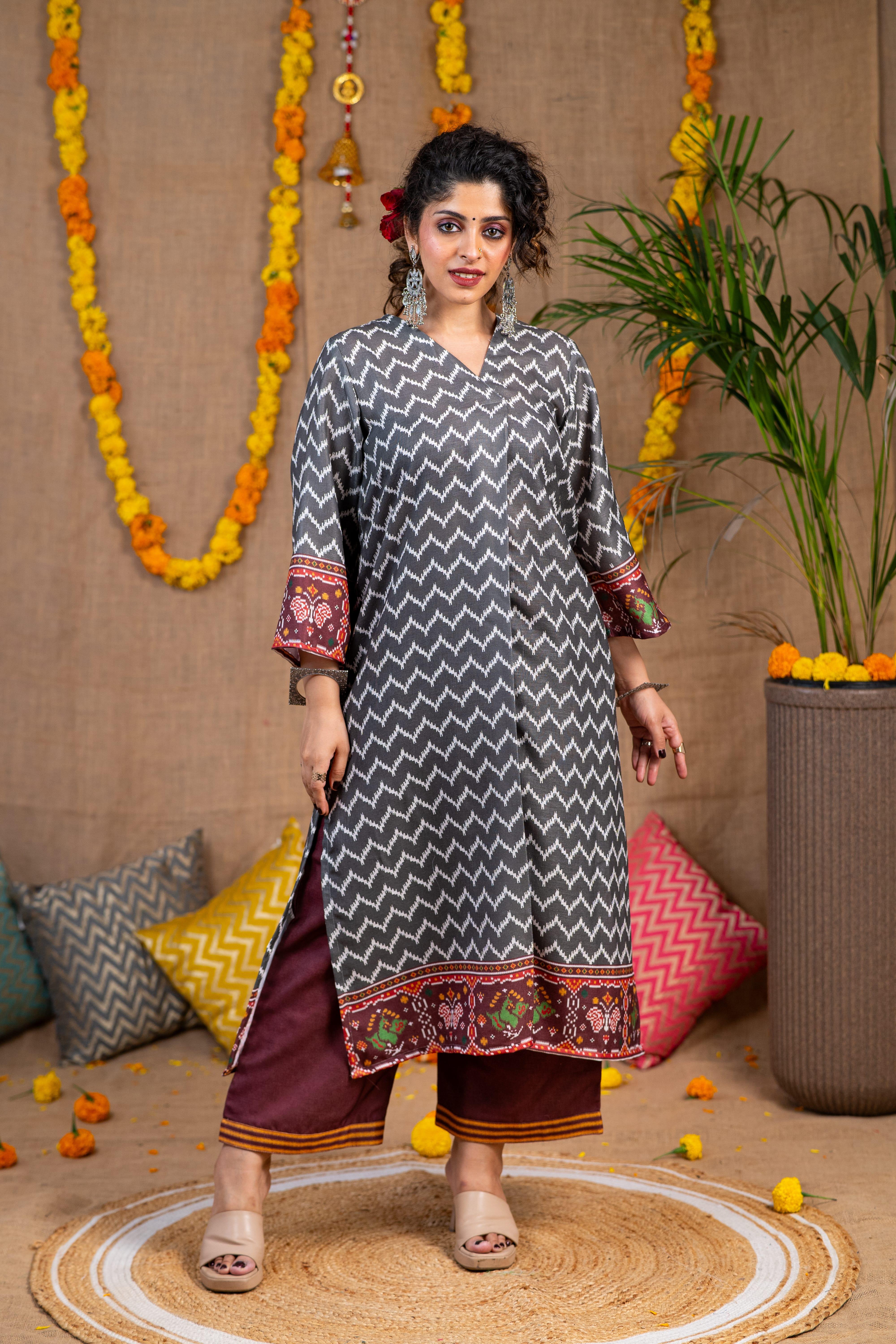 Grey Ikkat Print Linen Kurta Set