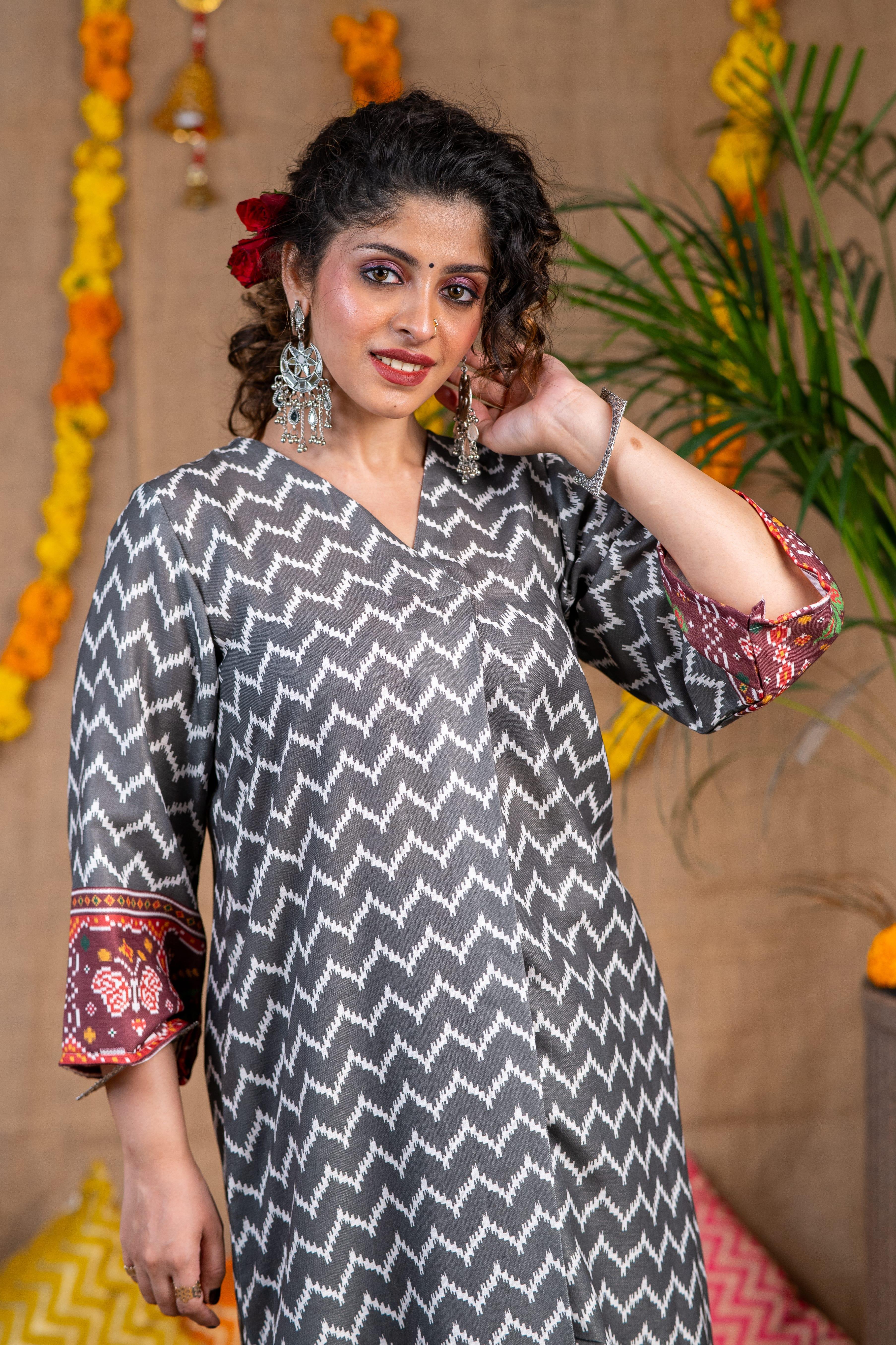 Grey Ikkat Print Linen Kurta Set