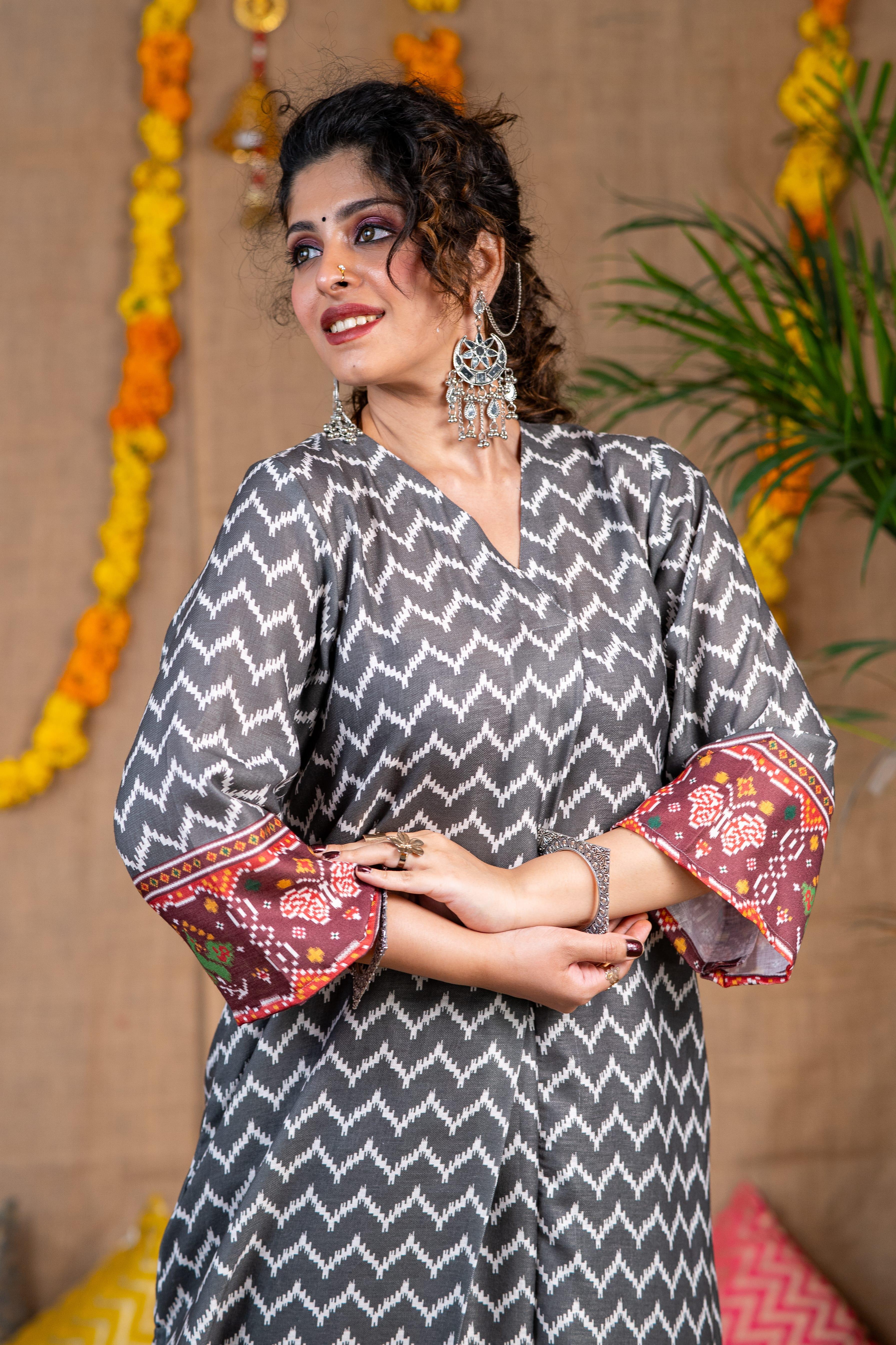 Grey Ikkat Print Linen Kurta Set