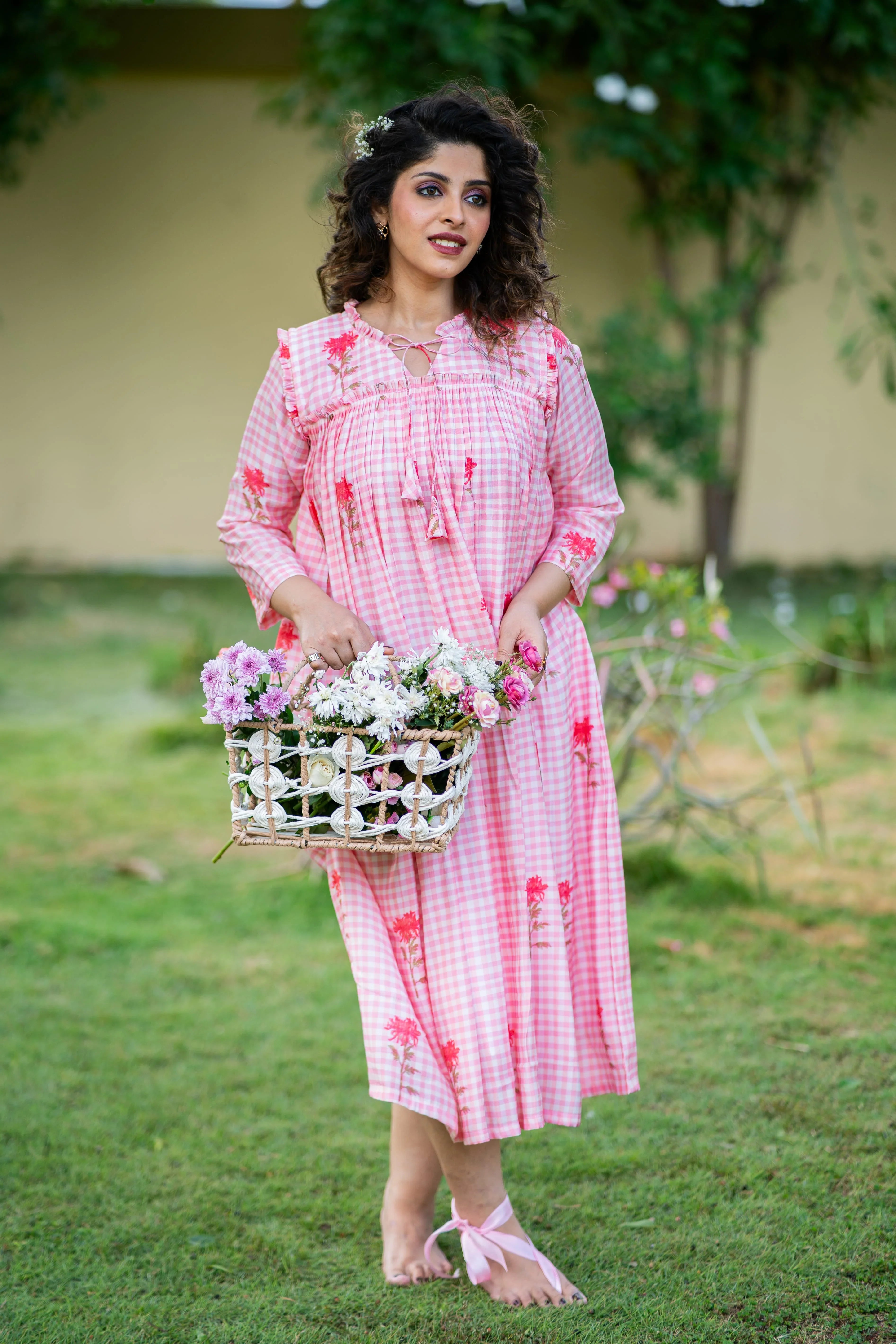 Pink Checkered Marigold Print Chanderi Silk Dress
