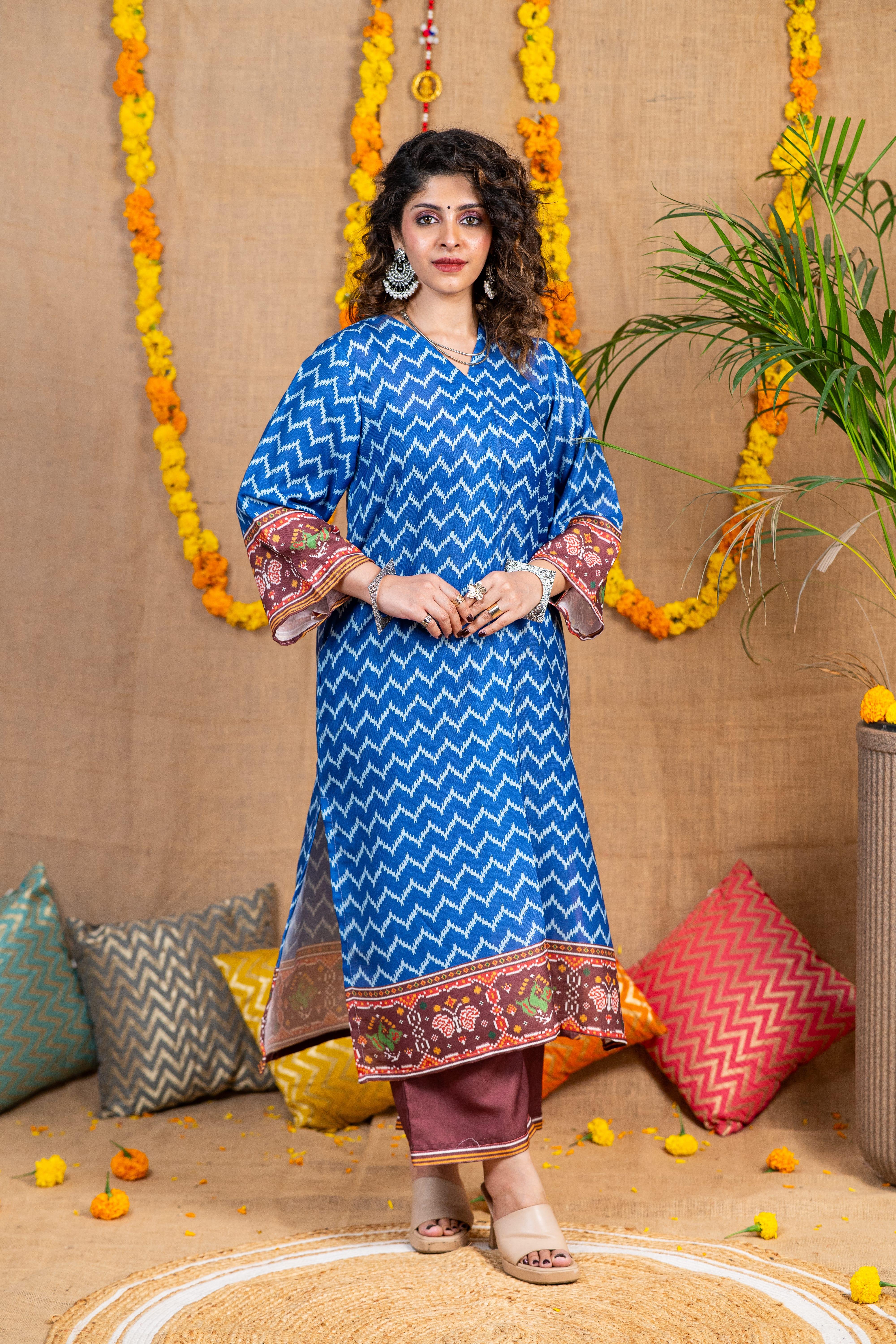 Blue Ikkat Print Linen Kurta Set