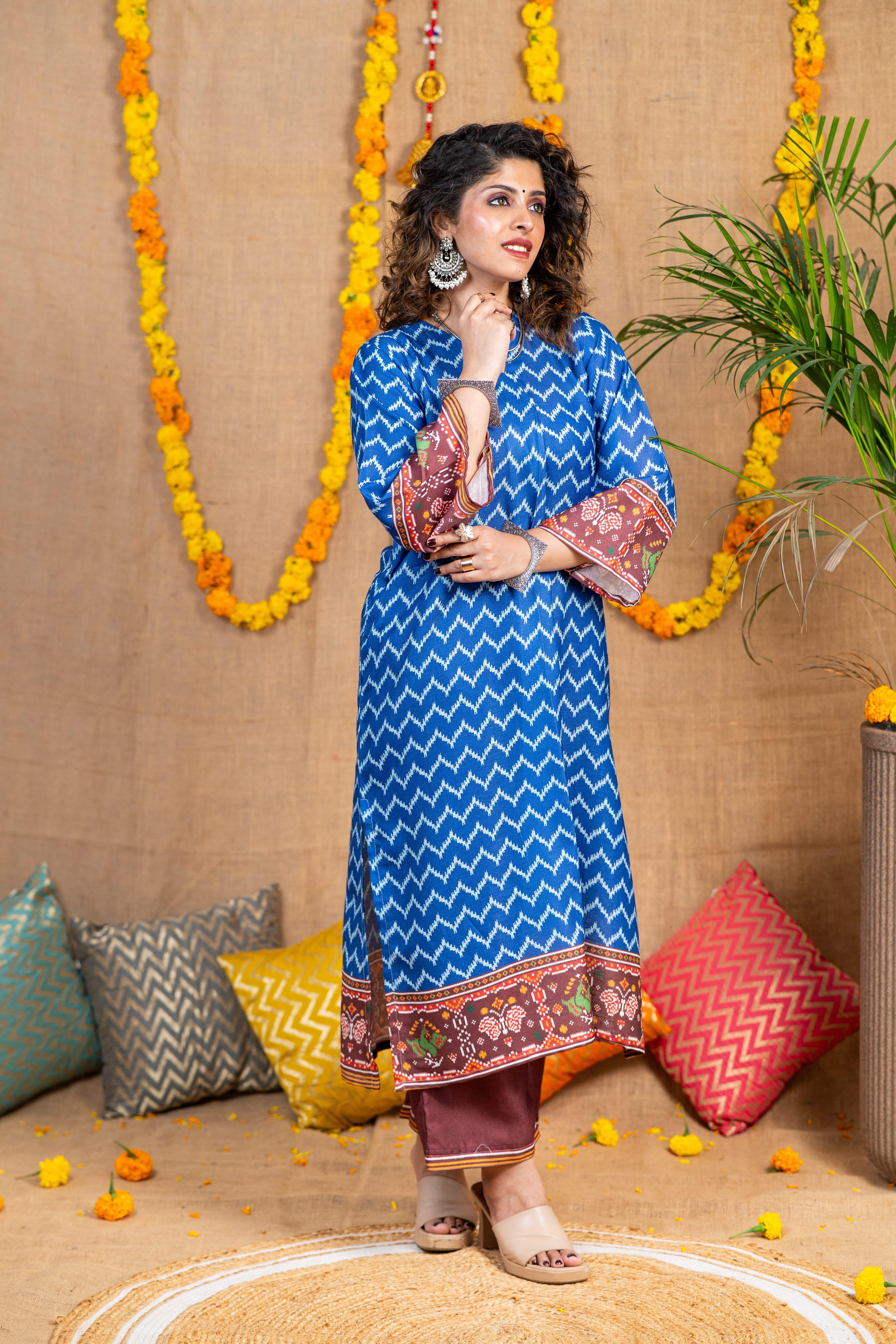 Blue Ikkat Print Linen Kurta Set