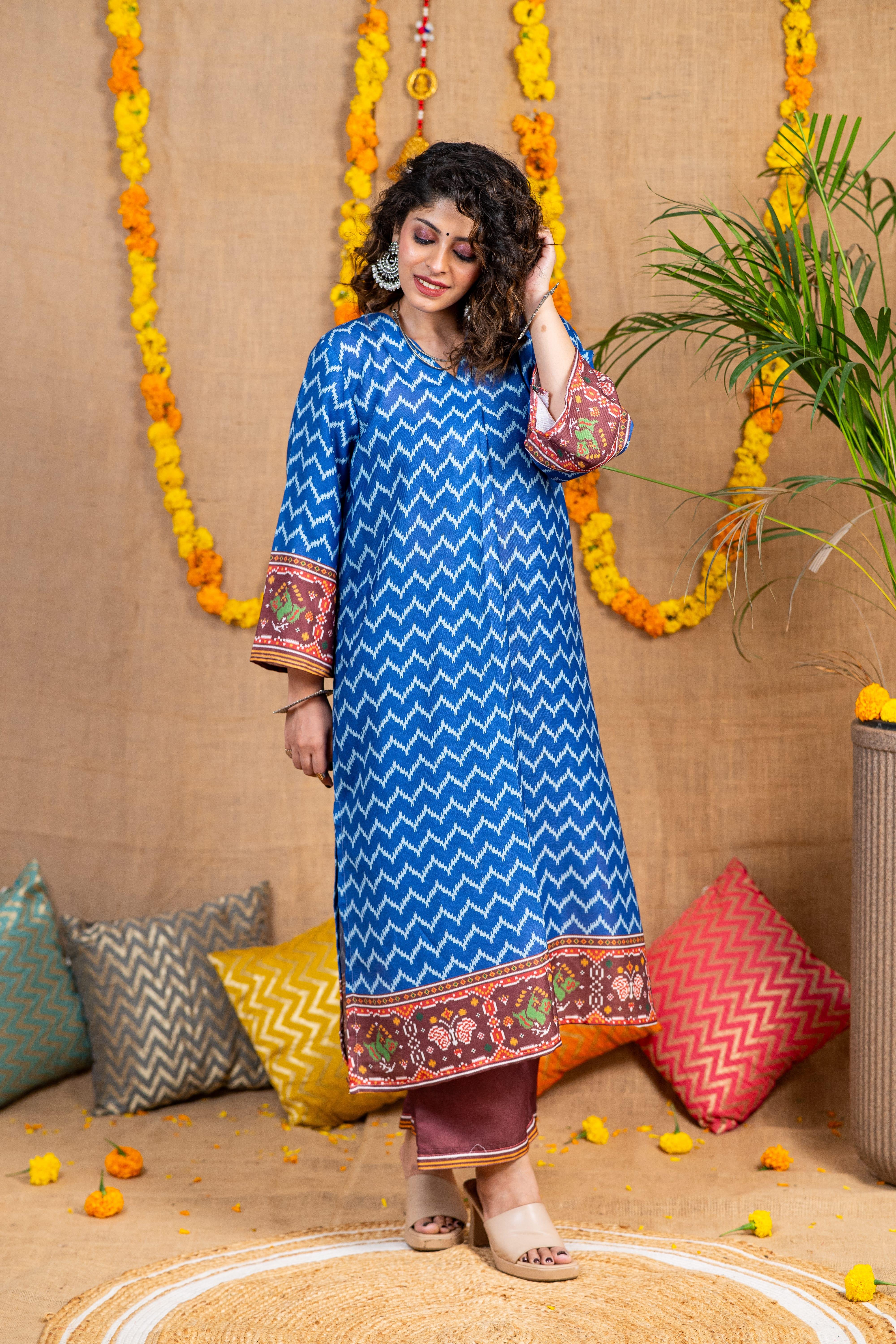 Blue Ikkat Print Linen Kurta Set
