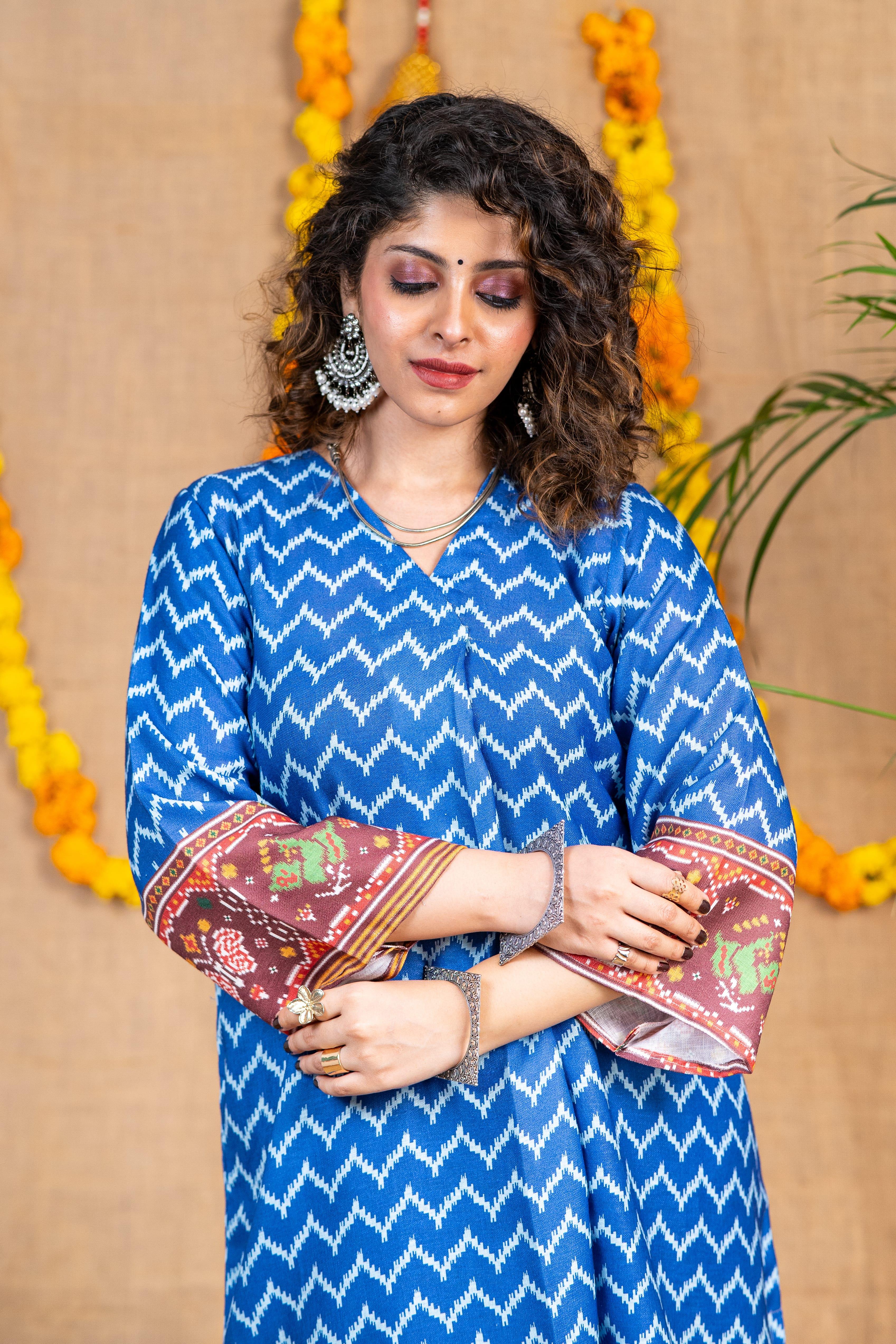 Blue Ikkat Print Linen Kurta Set