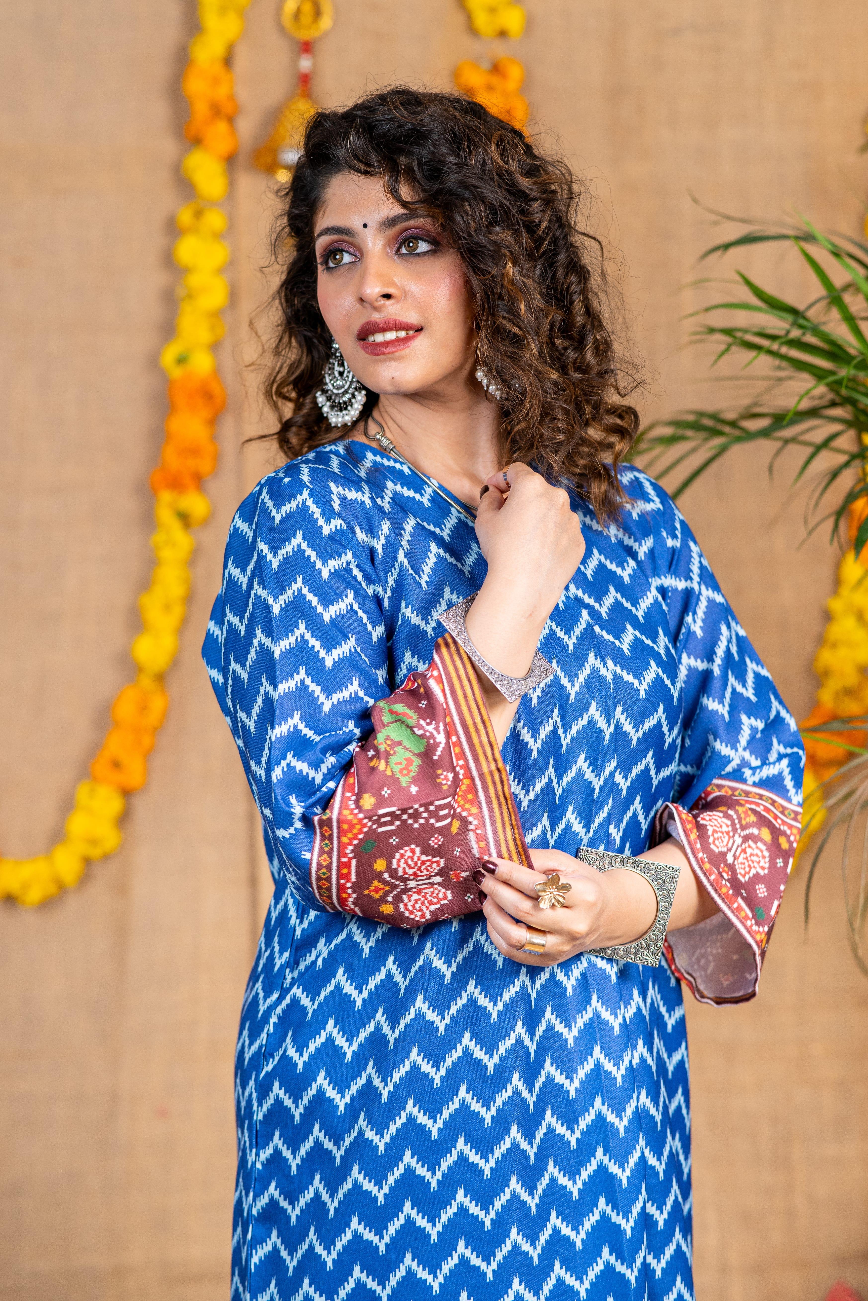Blue Ikkat Print Linen Kurta Set
