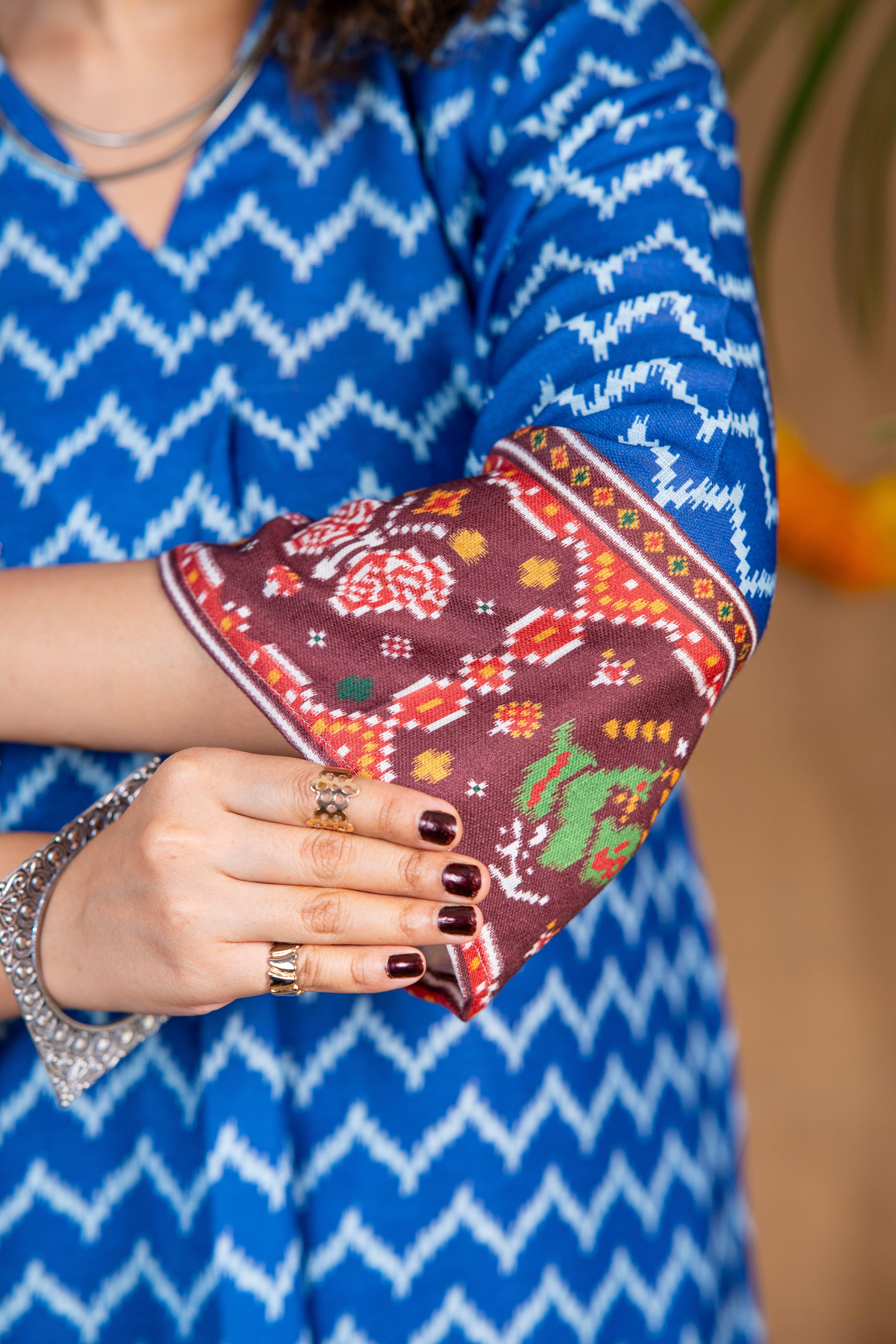 Blue Ikkat Print Linen Kurta Set