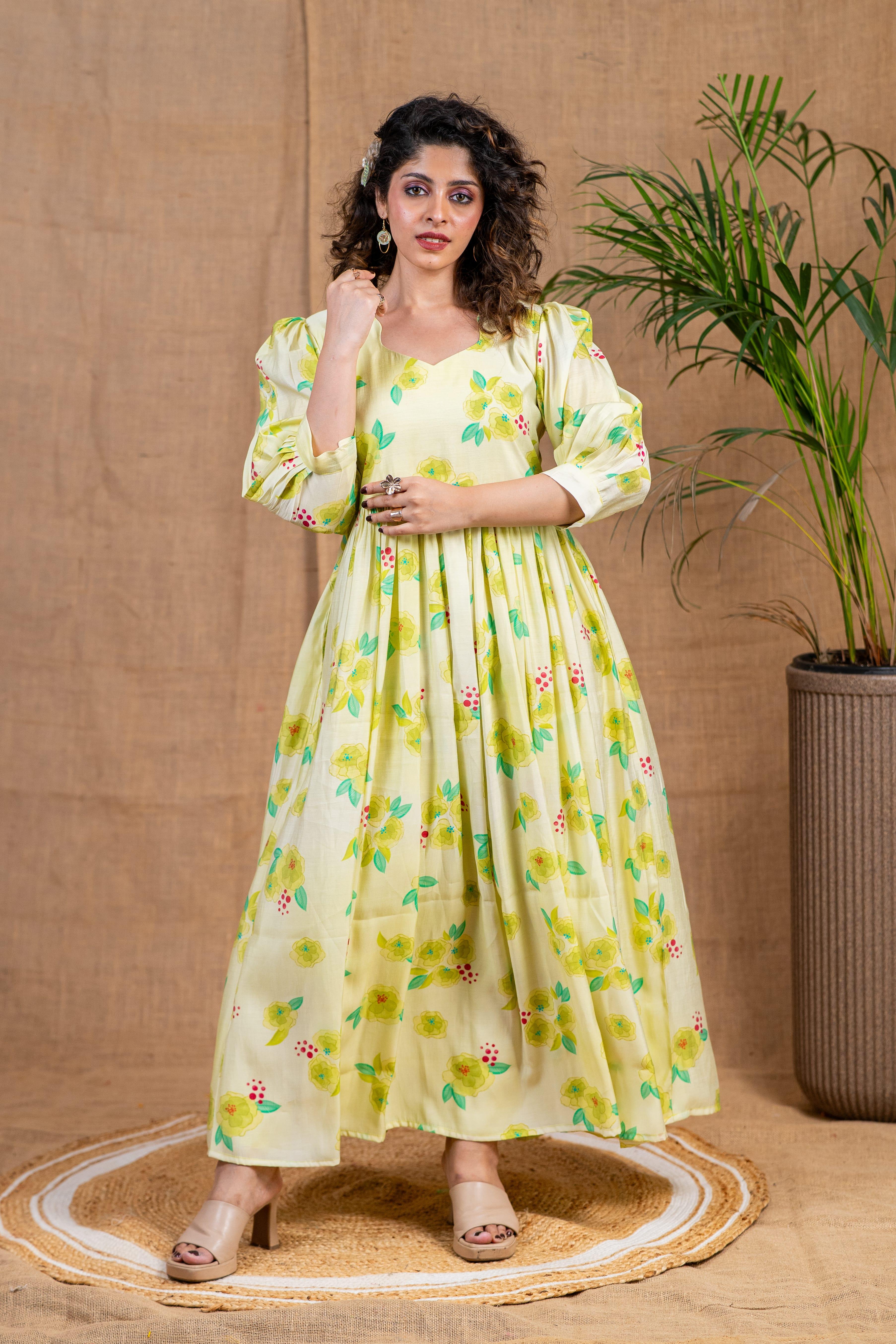 Green Floral Chanderi Silk Dress