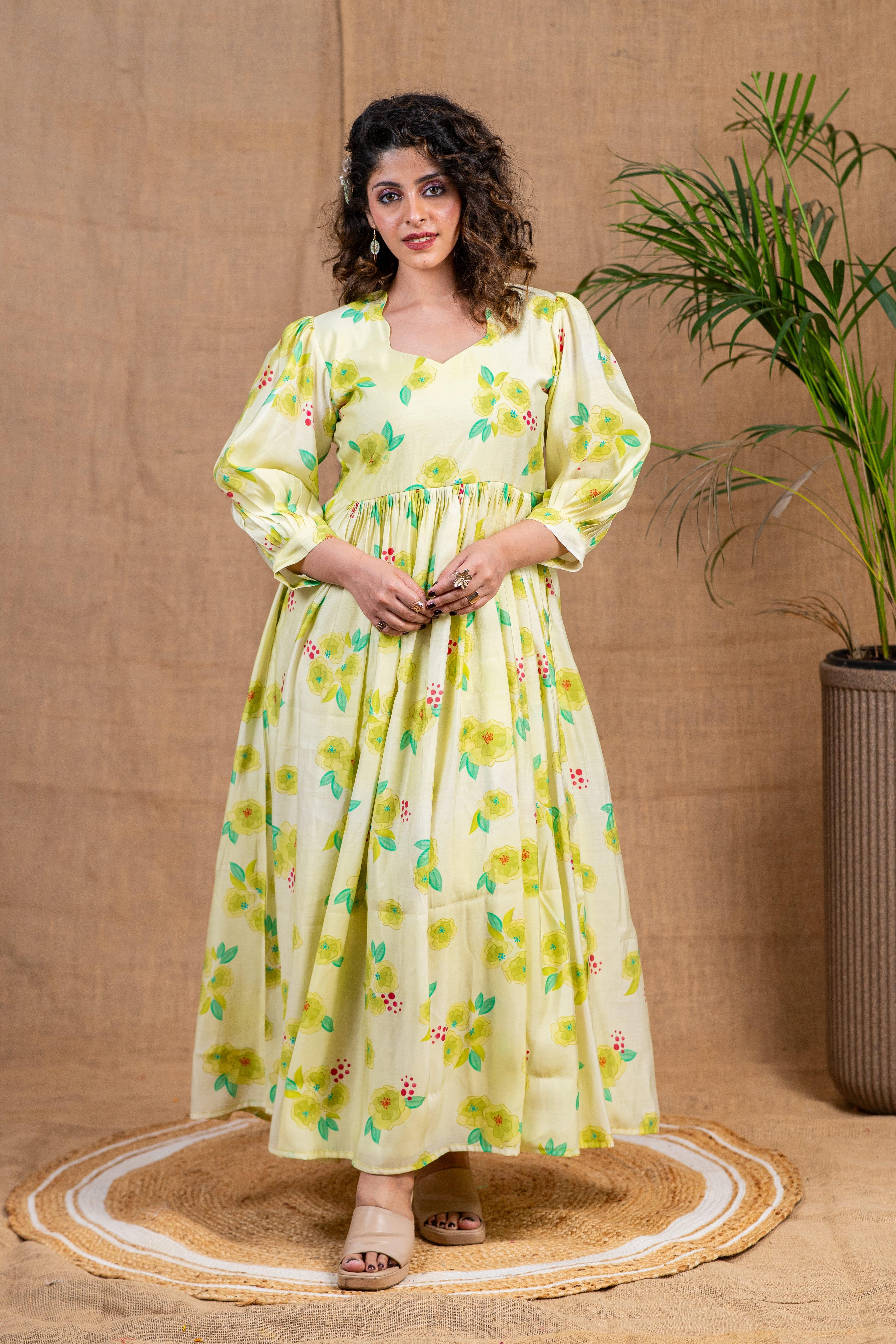 Green Floral Chanderi Silk Dress