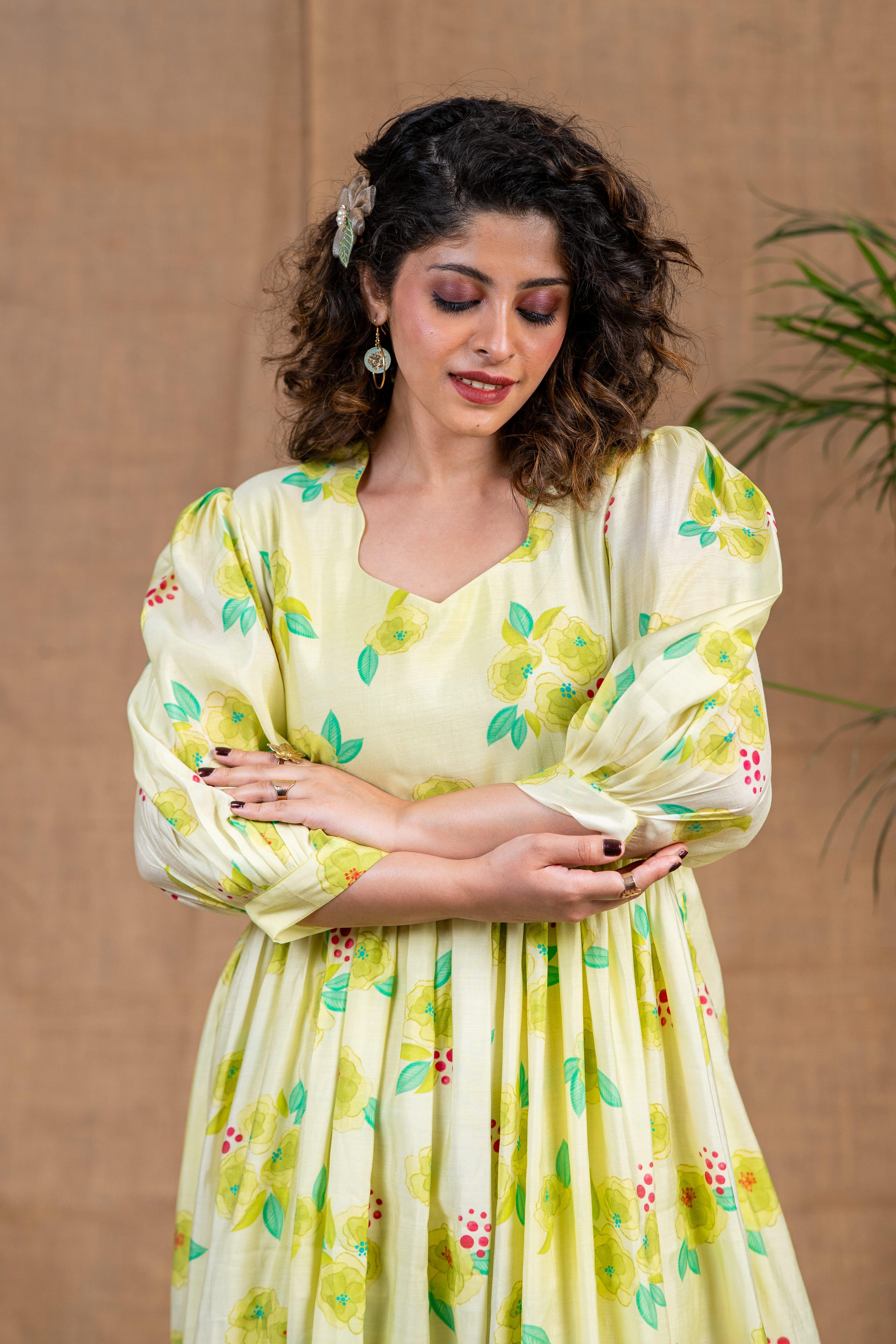 Green Floral Chanderi Silk Dress