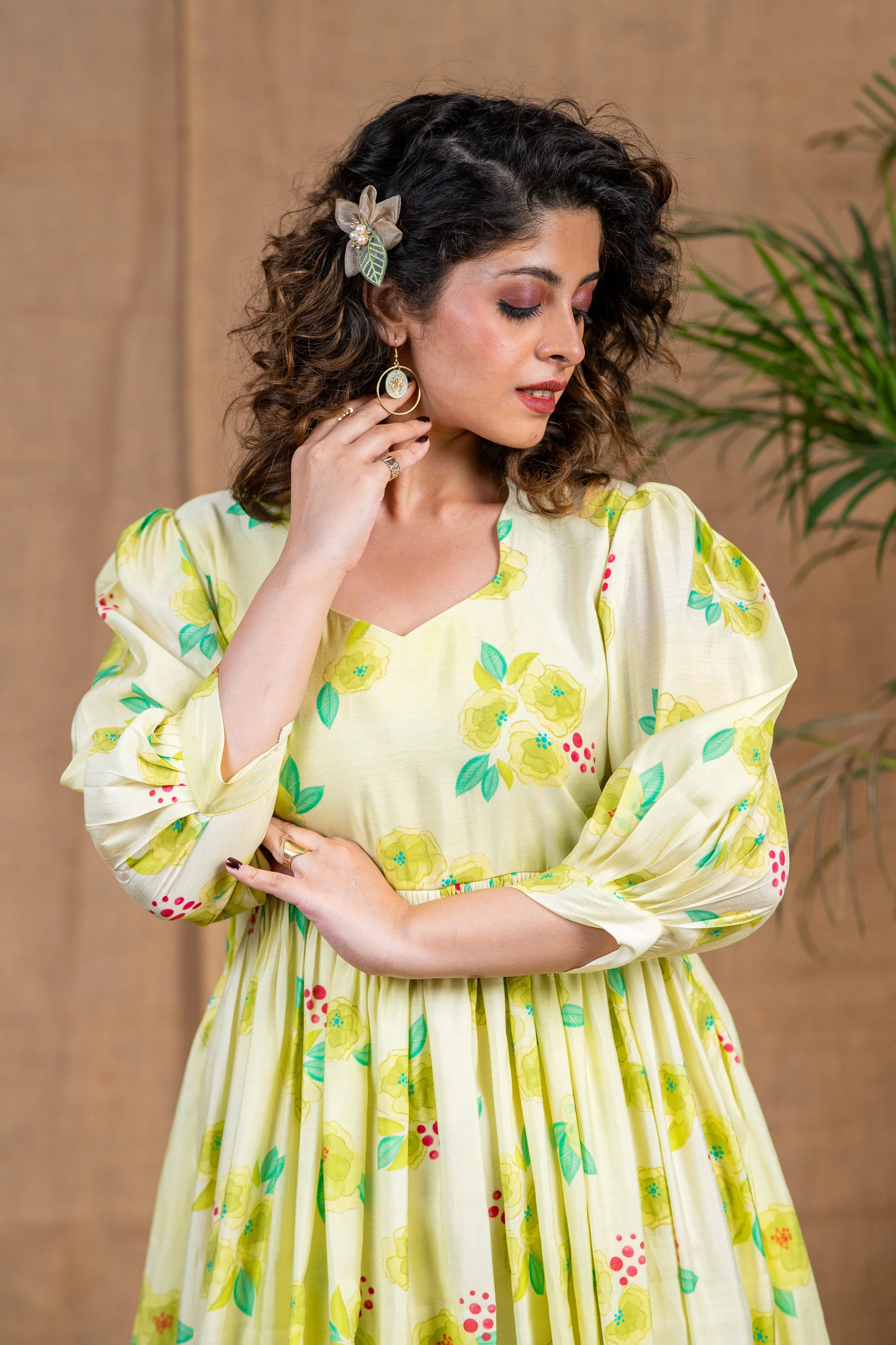 Green Floral Chanderi Silk Dress