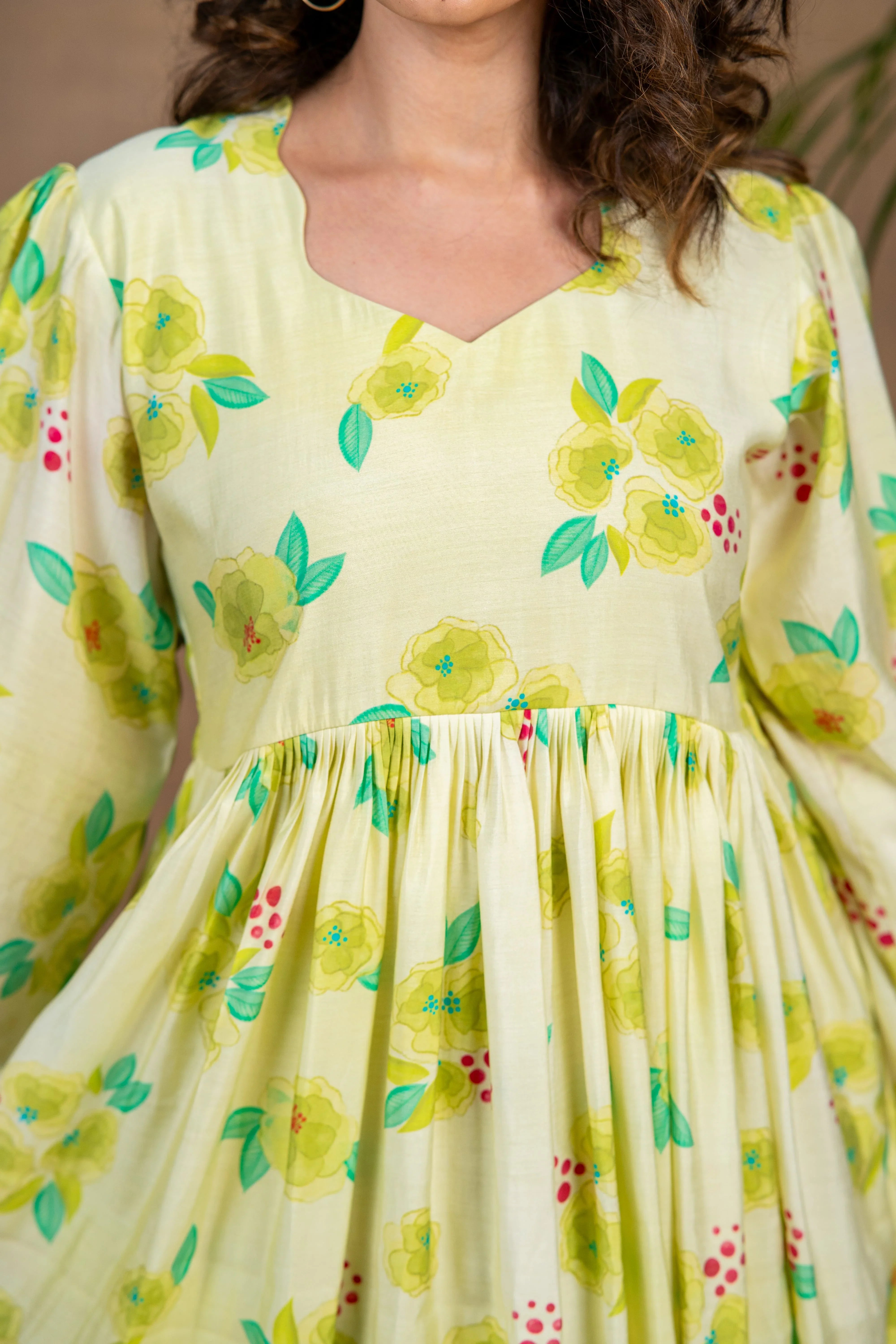 Green Floral Chanderi Silk Dress