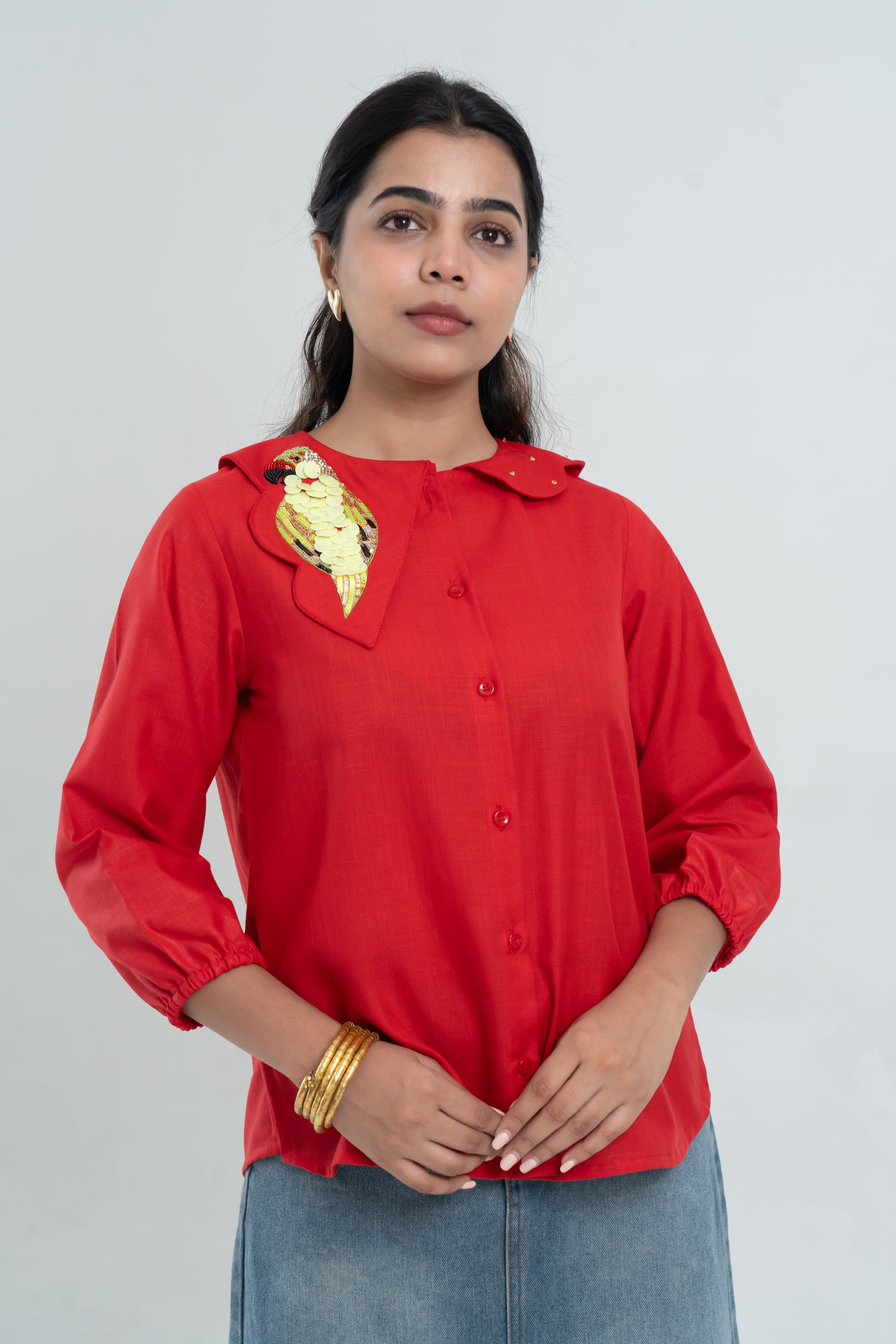 Red Cotton Shirt with Parrot Embroidered Collar