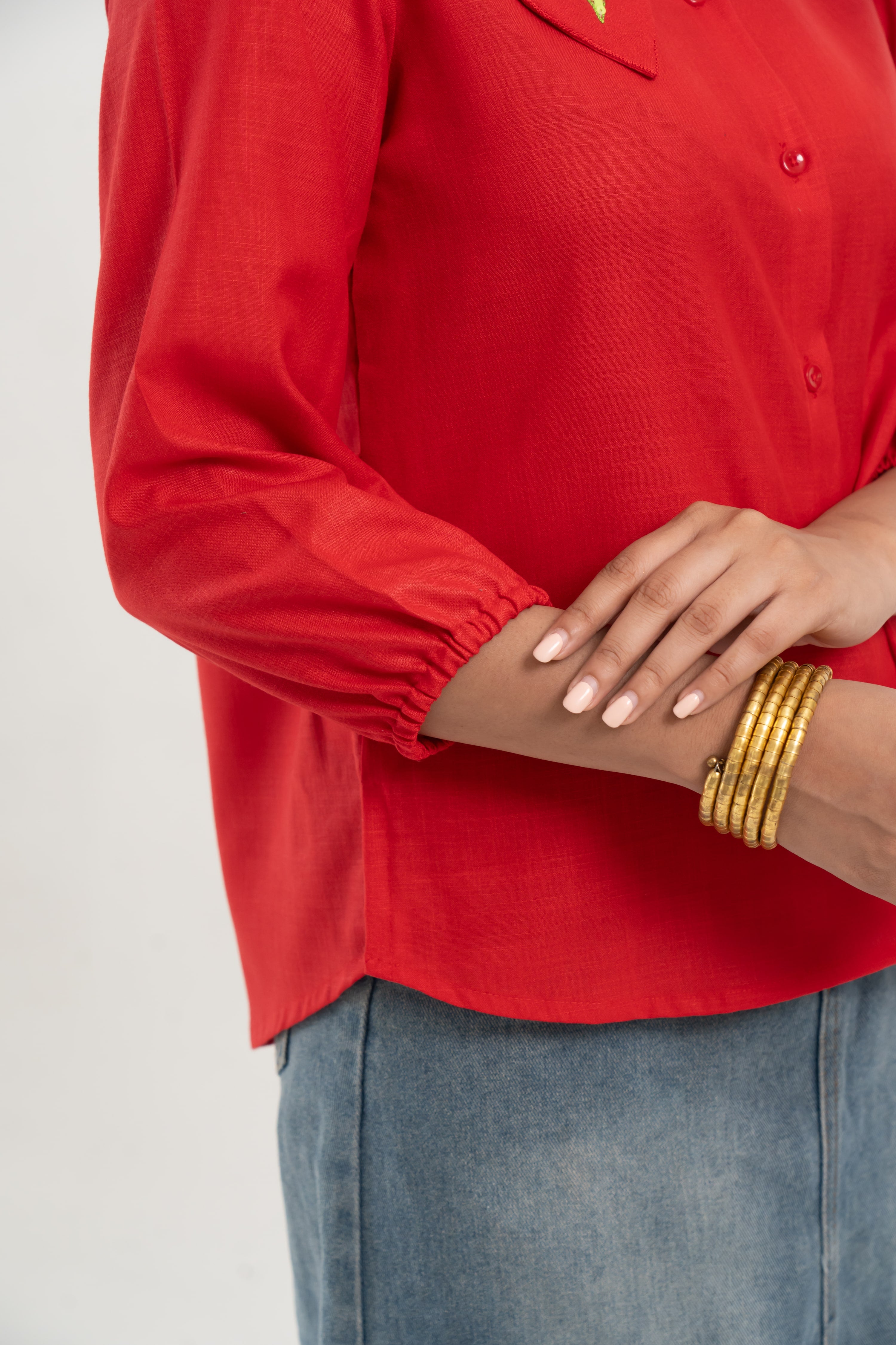 Red Cotton Shirt with Parrot Embroidered Collar