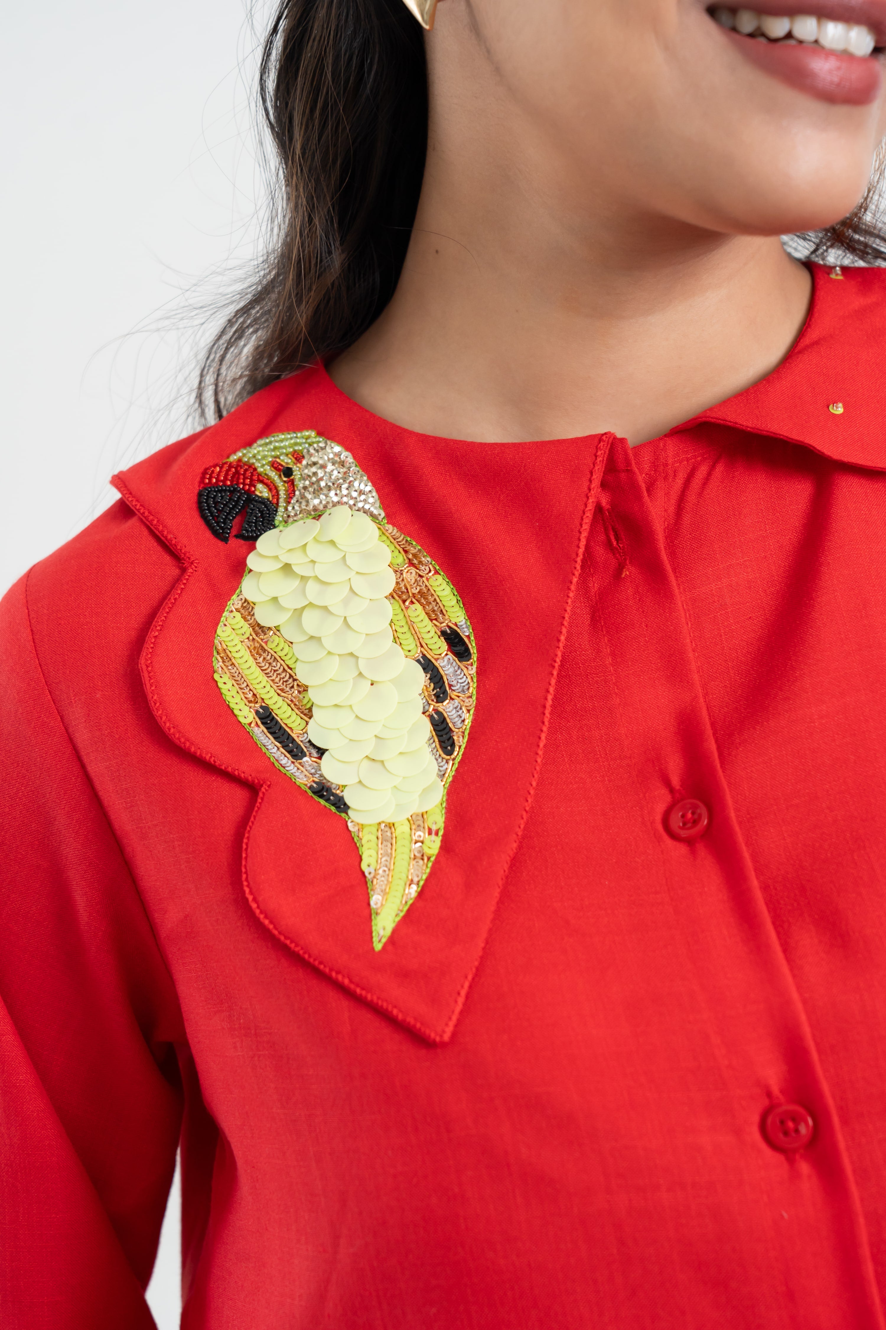 Red Cotton Shirt with Parrot Embroidered Collar