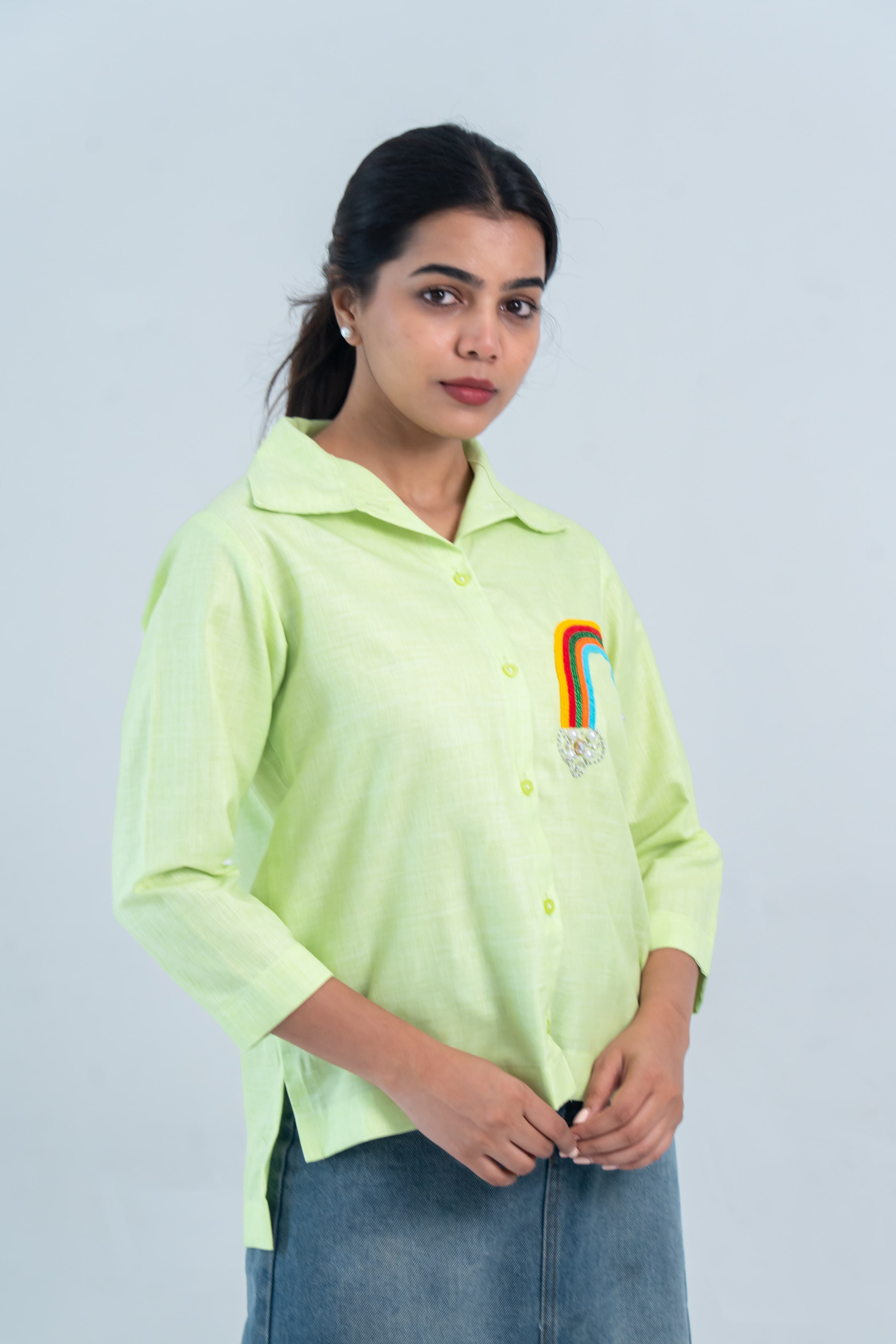 Lime Green Rainbow Embroidered Cotton Linen Shirt