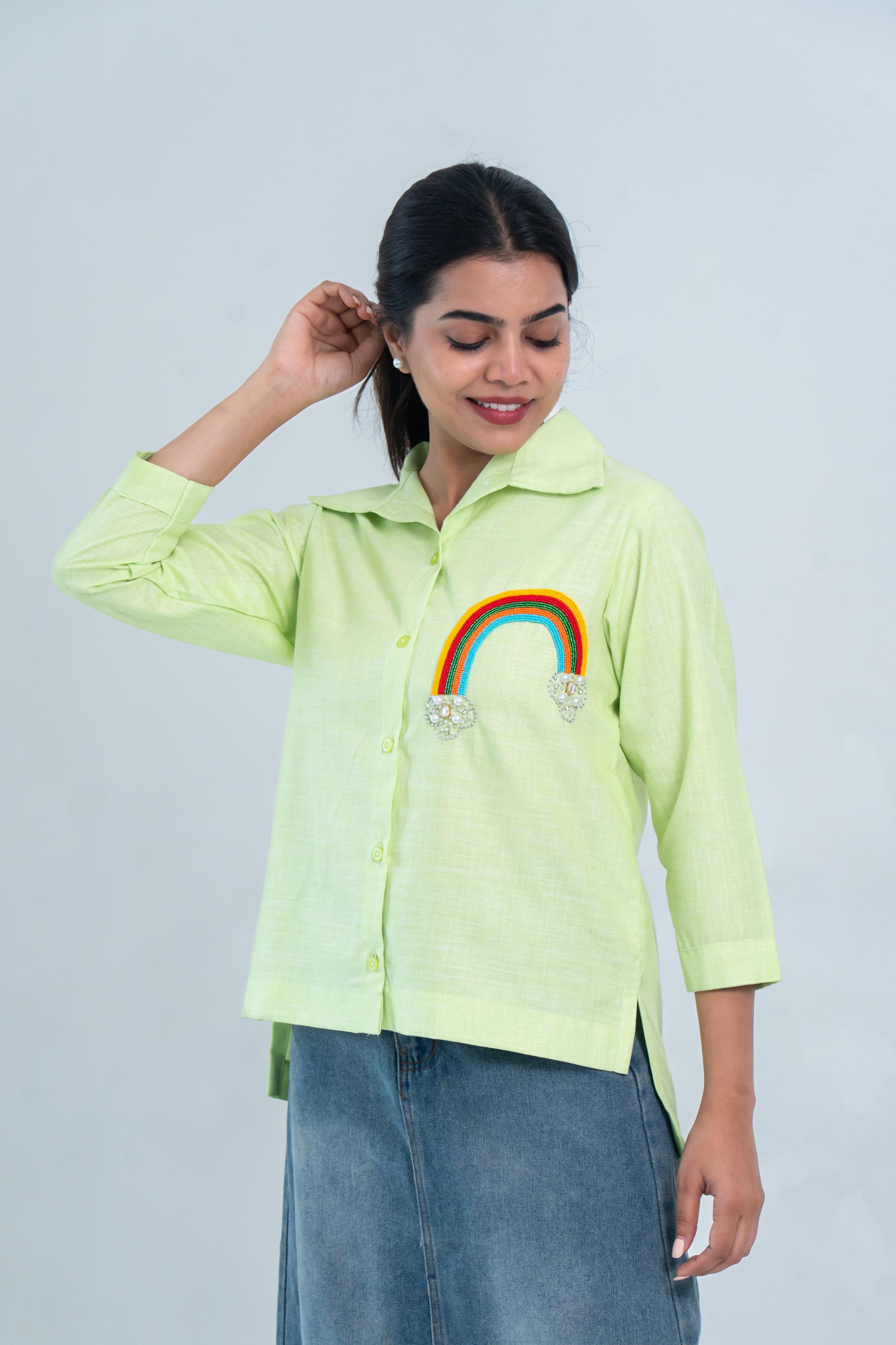 Lime Green Rainbow Embroidered Cotton Linen Shirt