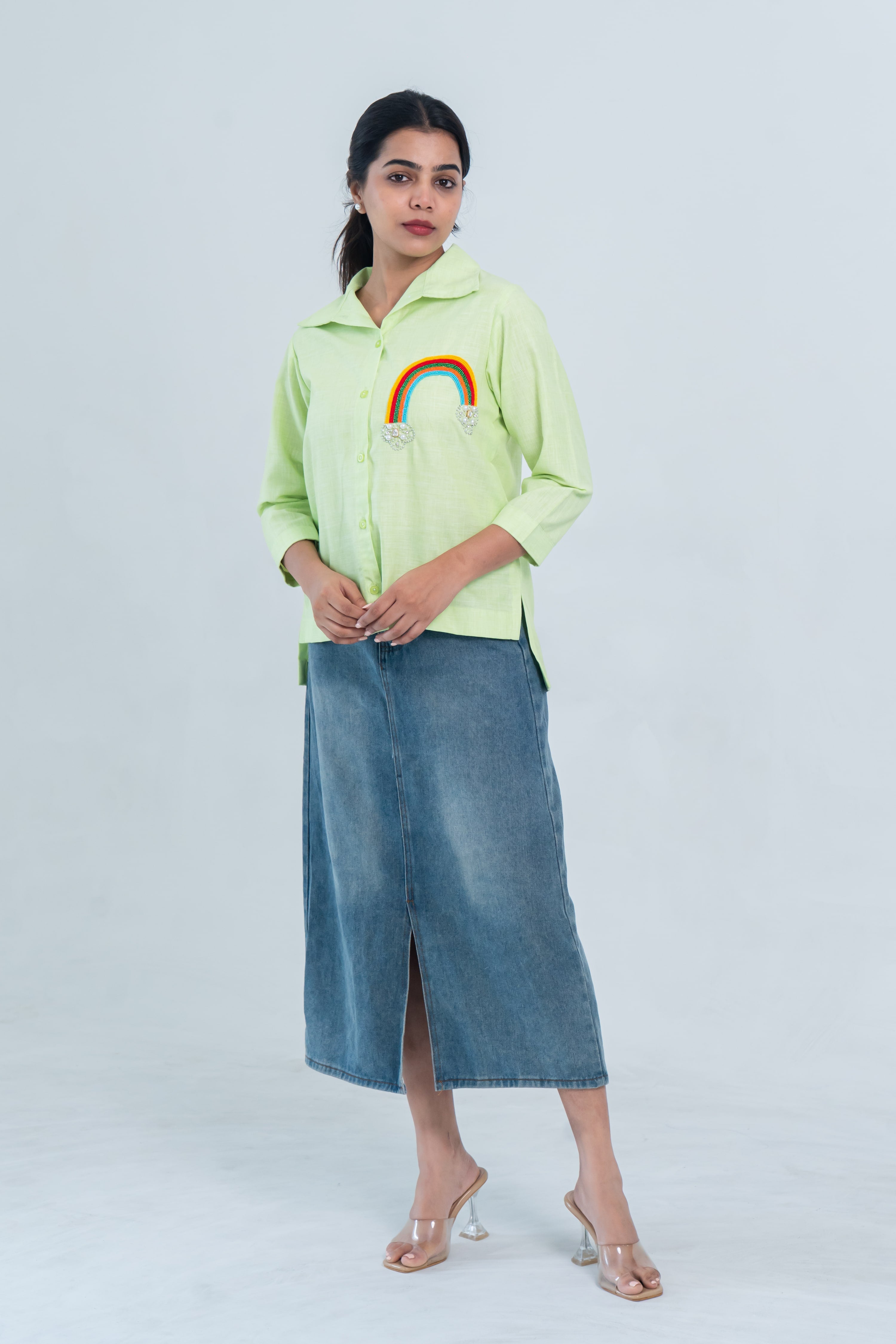 Lime Green Rainbow Embroidered Cotton Linen Shirt