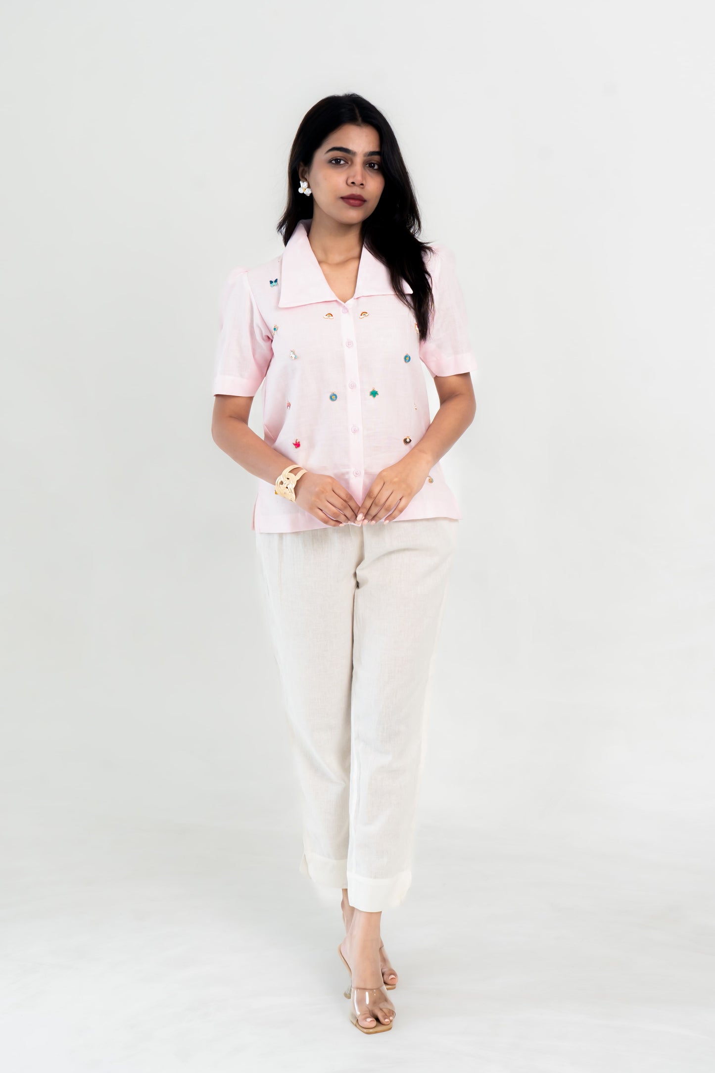 Pink embroidered shirt with white pants, stylish women's co-ord set for everyday wear