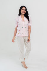 Pink embroidered shirt with white pants, trendy women's co-ord set for everyday comfort