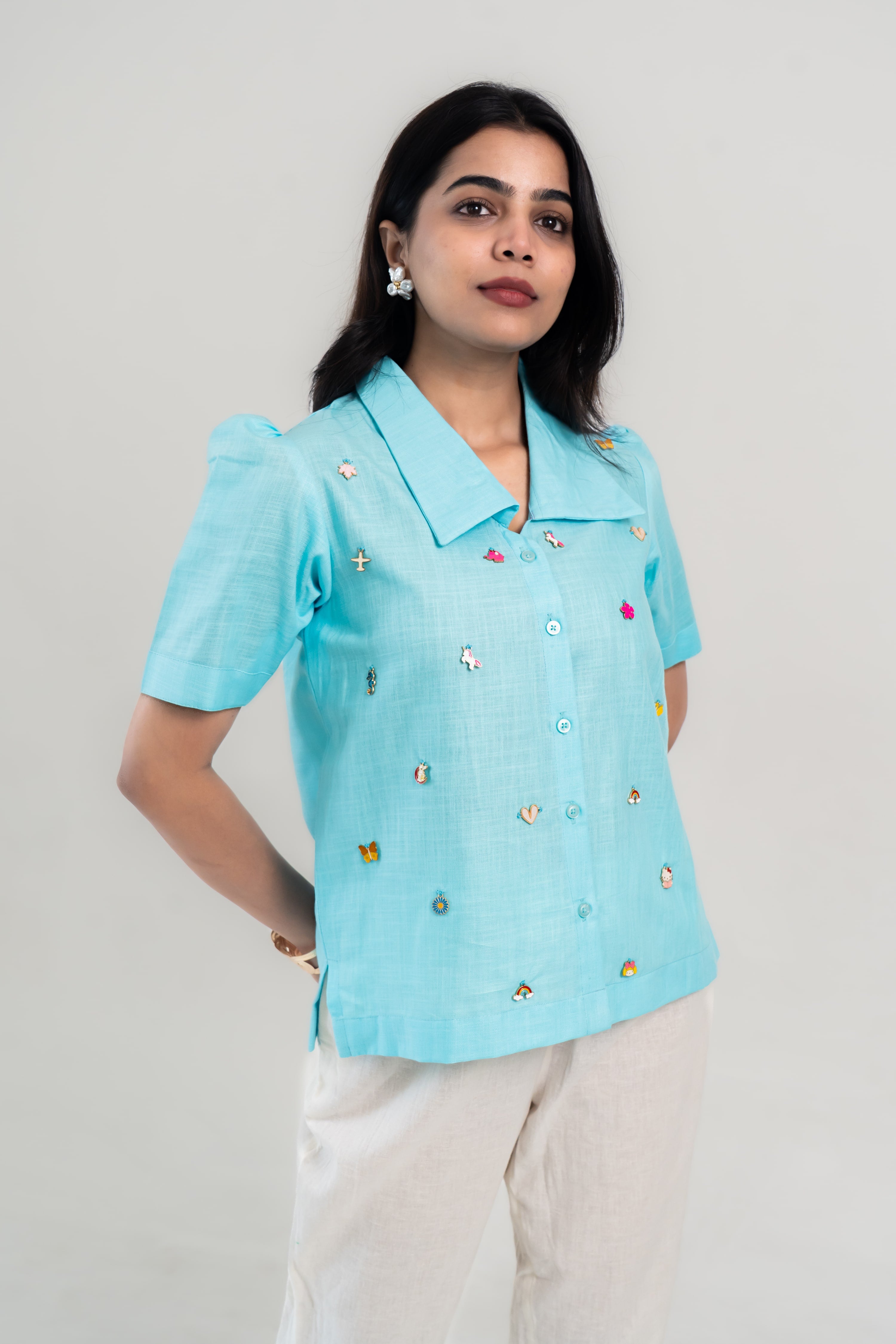 Embroidered Charm Shirt - Blue