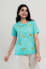 Turquoise lemon-embroidered short-sleeve top with pearl buttons for women
