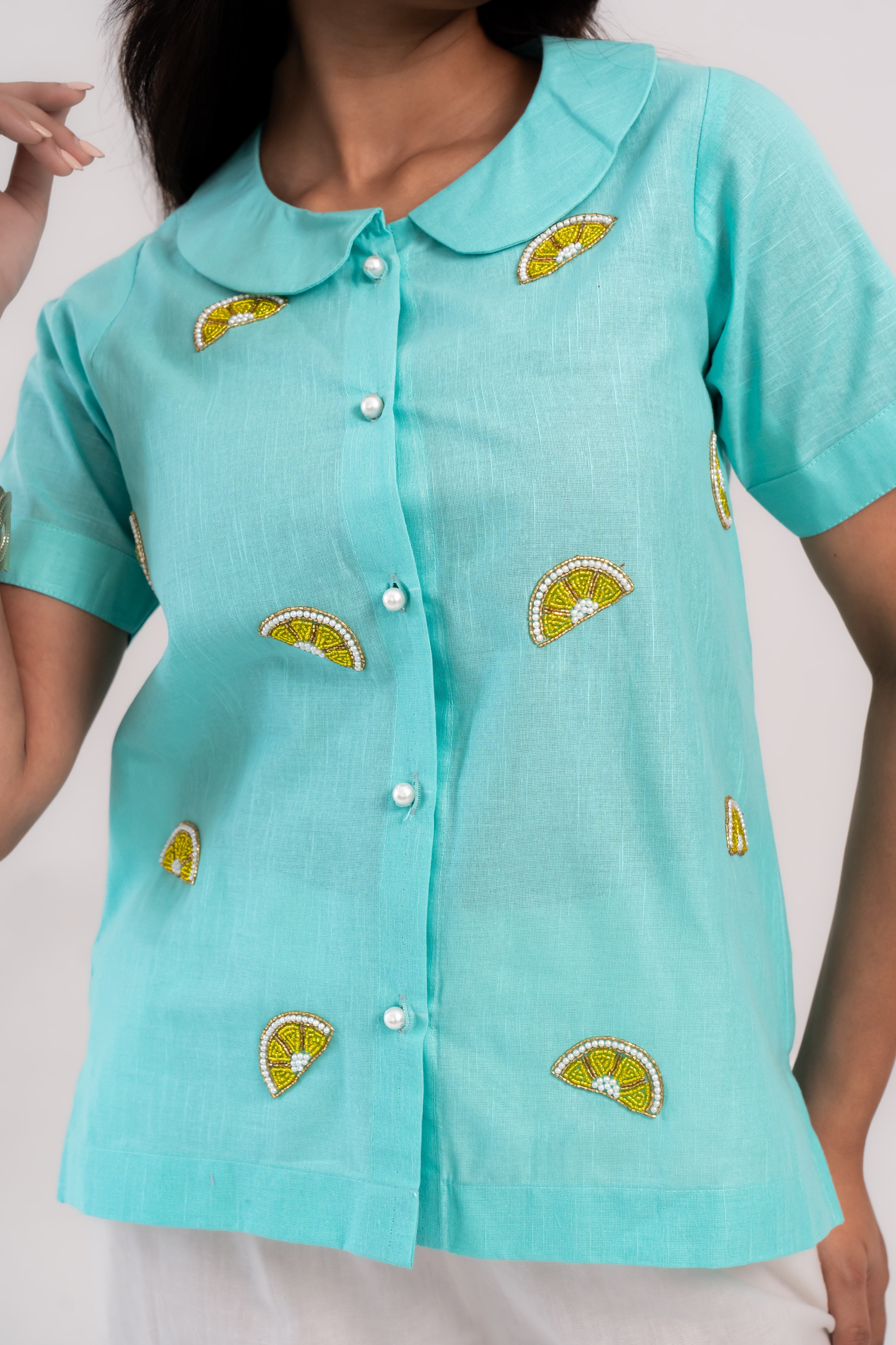 Turquoise Cotton Linen Shirt with Lemon Embroidery
