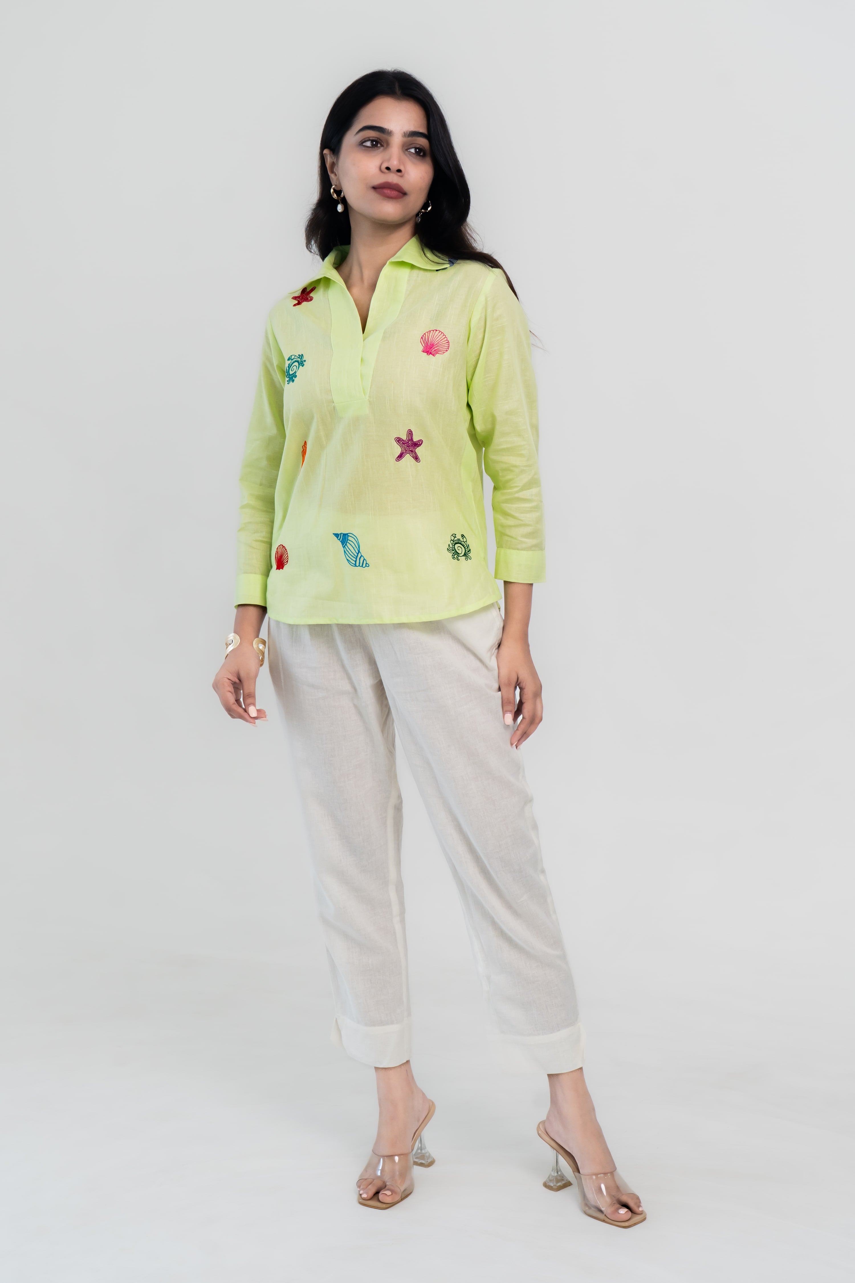 Green Cotton Linen Shirt with Seashell Thread Embroidery