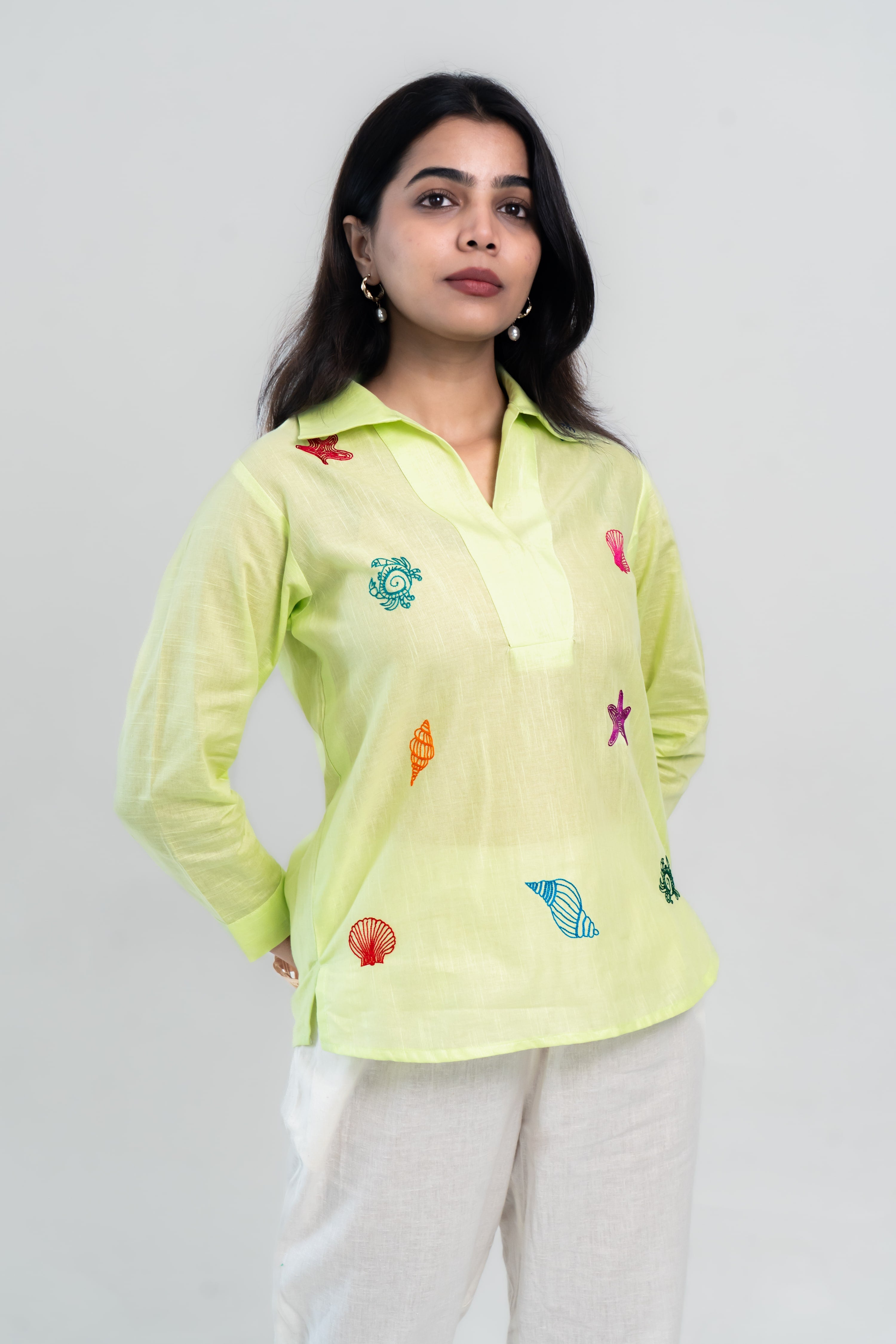 Green Cotton Linen Shirt with Seashell Thread Embroidery