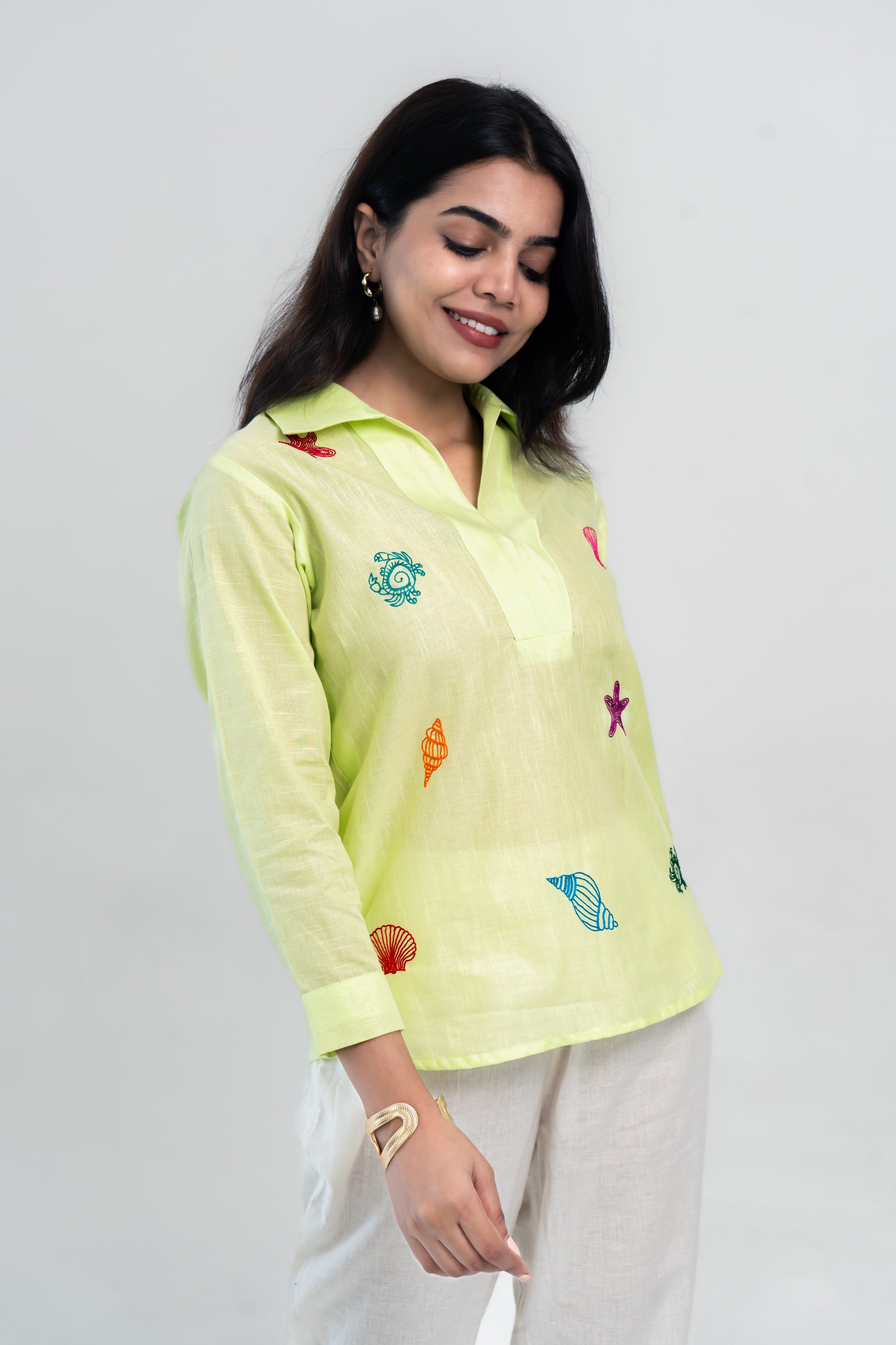 Green Cotton Linen Shirt with Seashell Thread Embroidery