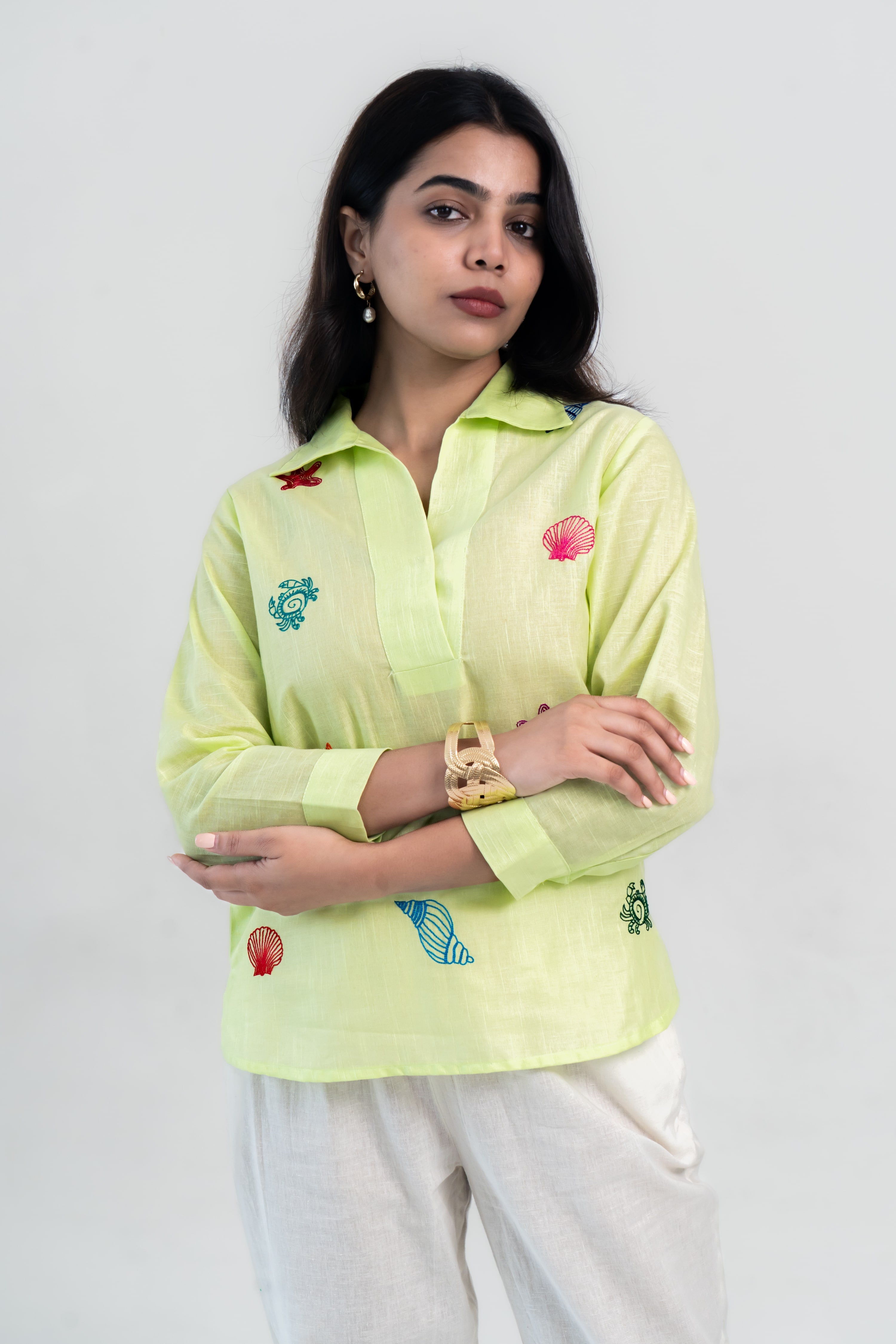Green Cotton Linen Shirt with Seashell Thread Embroidery