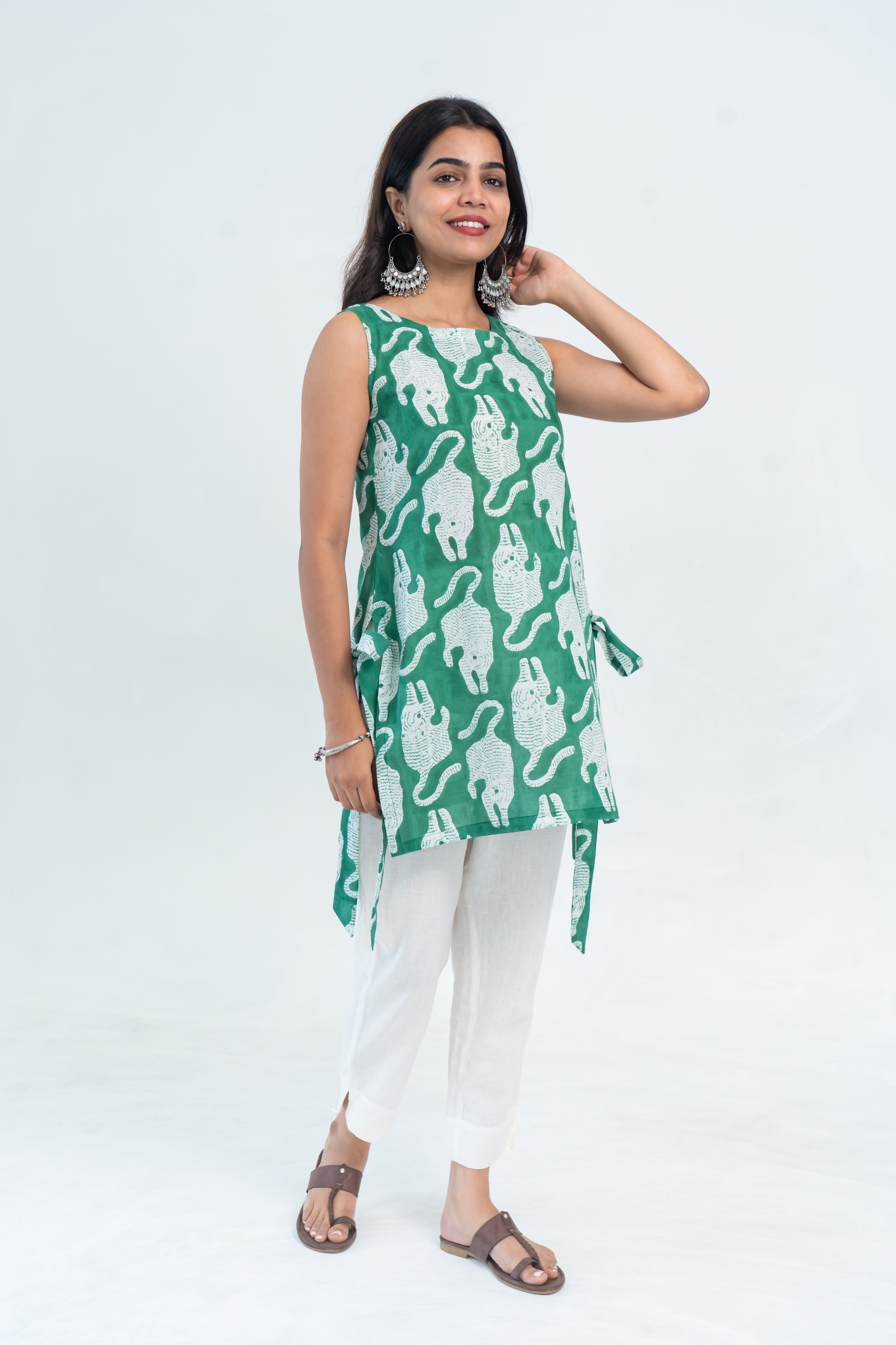 Green Tiger Print Cotton Short Kurti (Top Only)