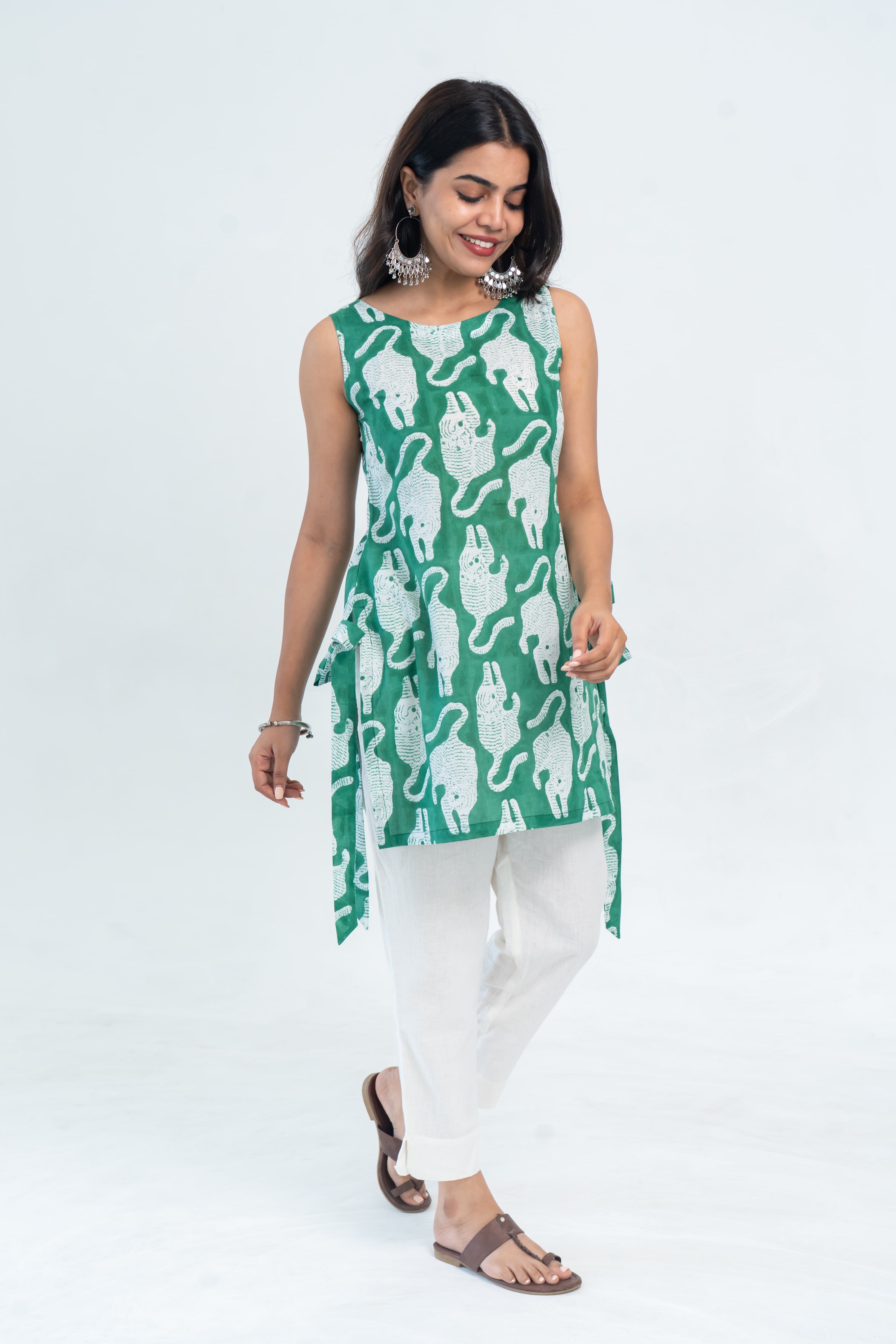Green Tiger Print Cotton Short Kurti (Top Only)