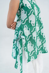 Green dress with white rabbit print, side tie detail, trendy women's fashion